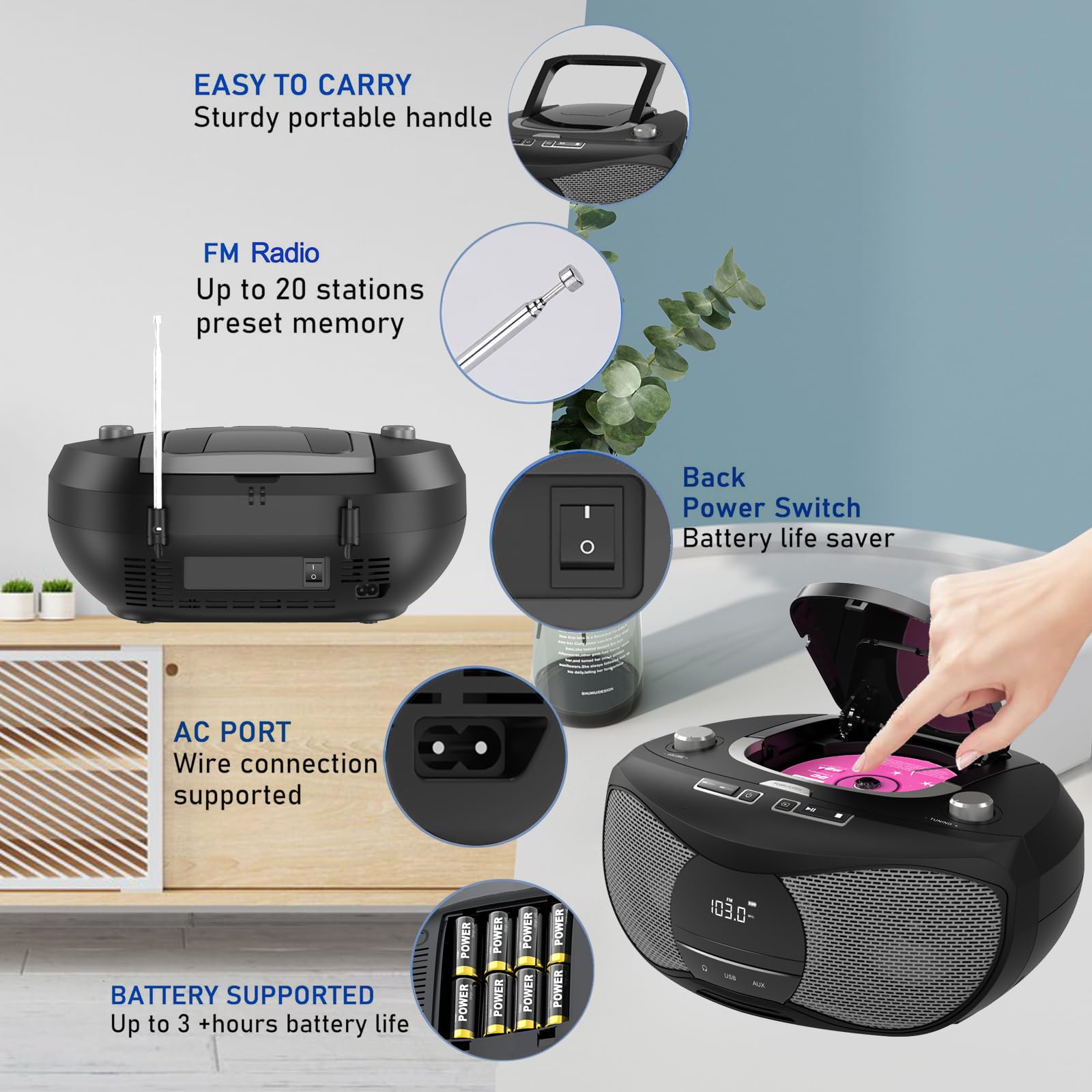 LONPOO Stereo Lettore CD portatile Bluetooth Boombox Connettività Radio FM, USB, AUX, Uscita cuffie, 5W RMS HiFi Altoparlanti (LP-D12)