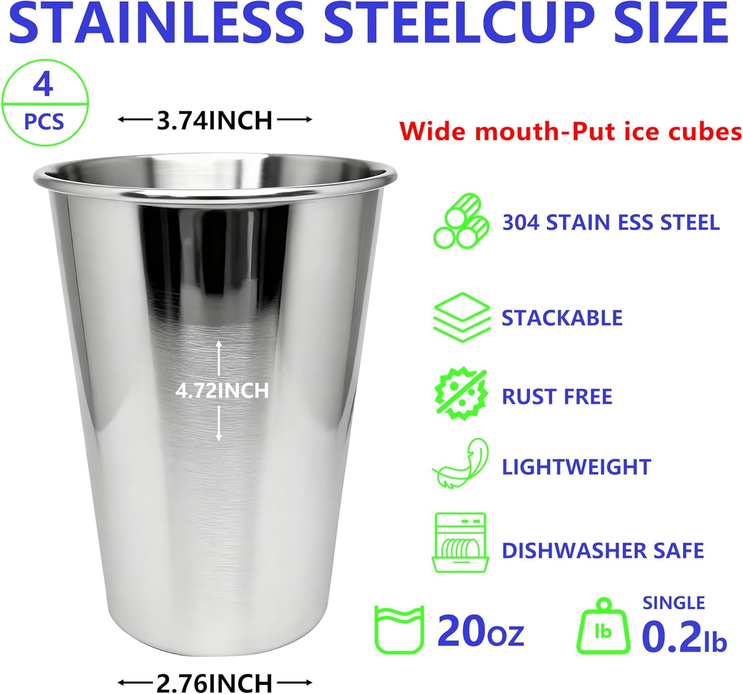 20oz 4PCS Stainless Steel Pint Cup,Pint Tumbler,Reusable metal Cups,Stainless Steel Water Tumbler,BPA Free,Stackble,Durable,Unbreakable Metal Drinking Glasses for Bar,Banquet Mugs (4, 20OZ) - Image 3