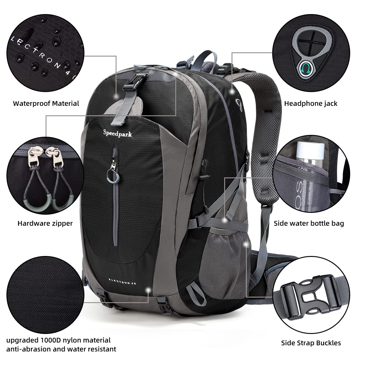 Zaino da trekking impermeabile per uomo e donna, 40 l, leggero, adatto per viaggi e campeggio, Nero , Rucksack
