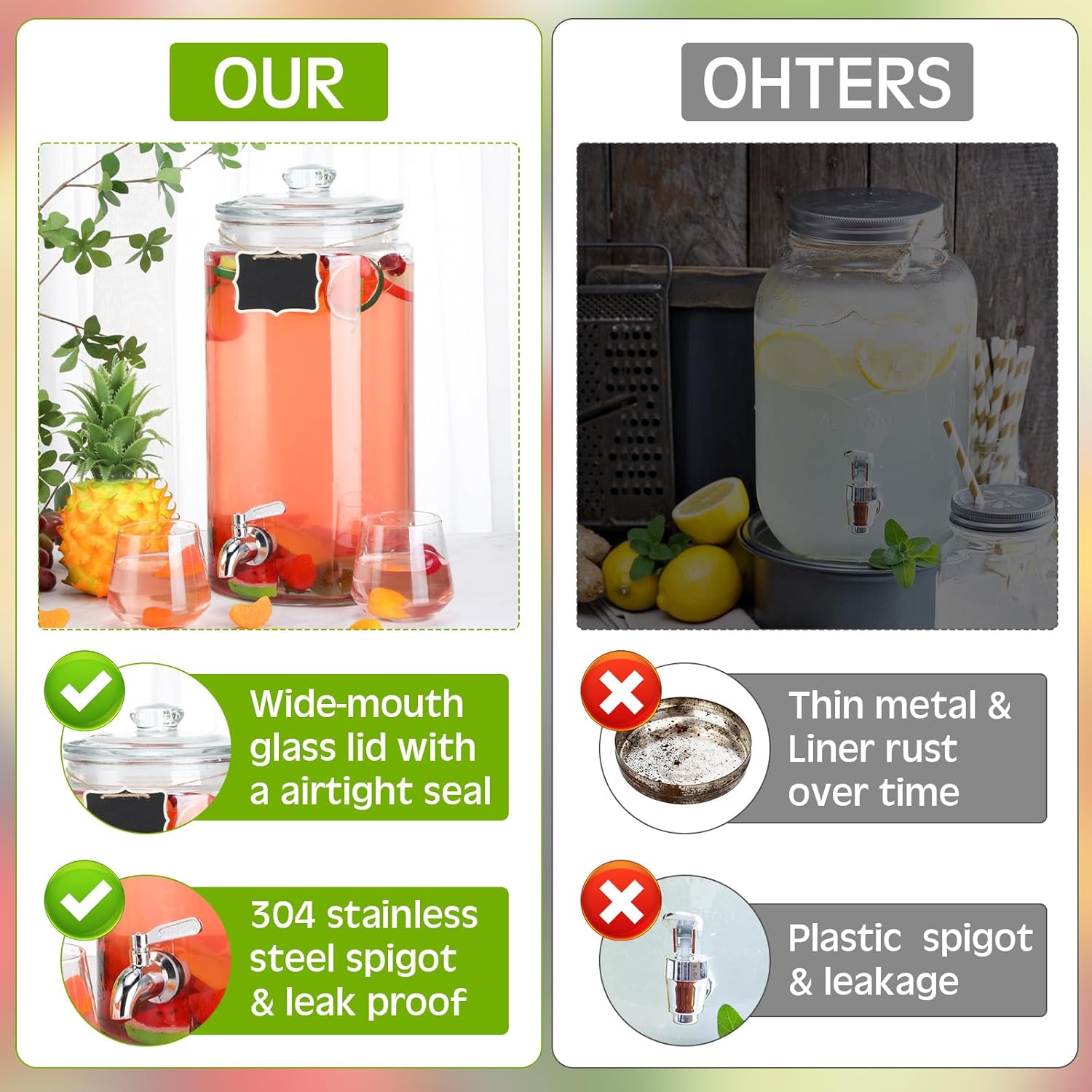 Bokon 2 Pcs 2 Gallon Glass Drink Dispenser for Parties Beverage Dispenser with Stainless Steel Spigot and Chalkboard for Jar Drink Water Juice