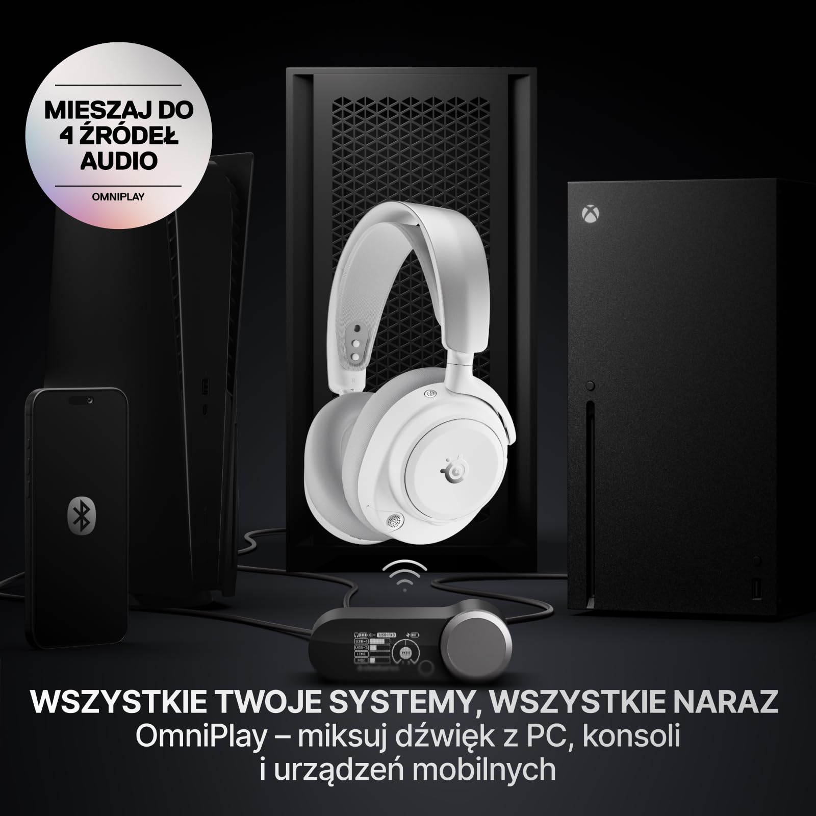 SteelSeries Arctis Nova Pro Omni – Bezprzewodowy dźwięk Hi‑Res, 96kHz/24bit, ANC, mikrofon ClearCast Pro, redukcja szumów AI, aplikacja mobilna, Mix 2,4GHz + BT, OmniPlay PC+PlayStation+Xbox – Biały