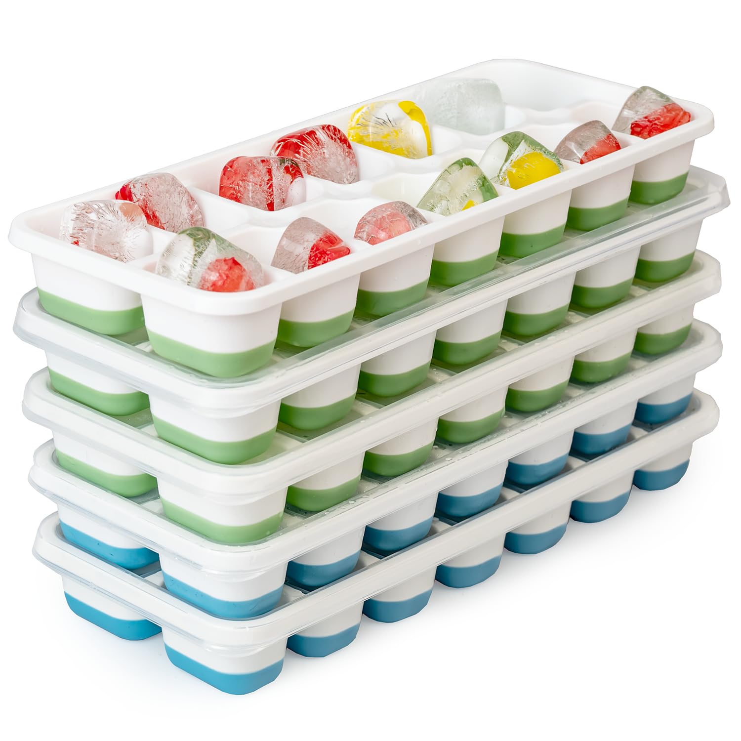 Bandeja de cubitos de hielo, paquete de 5, 70 bandejas de hielo de silicona con tapas para congelador, bandejas de hielo apilables y de fácil liberación para café helado, bebidas y cócteles