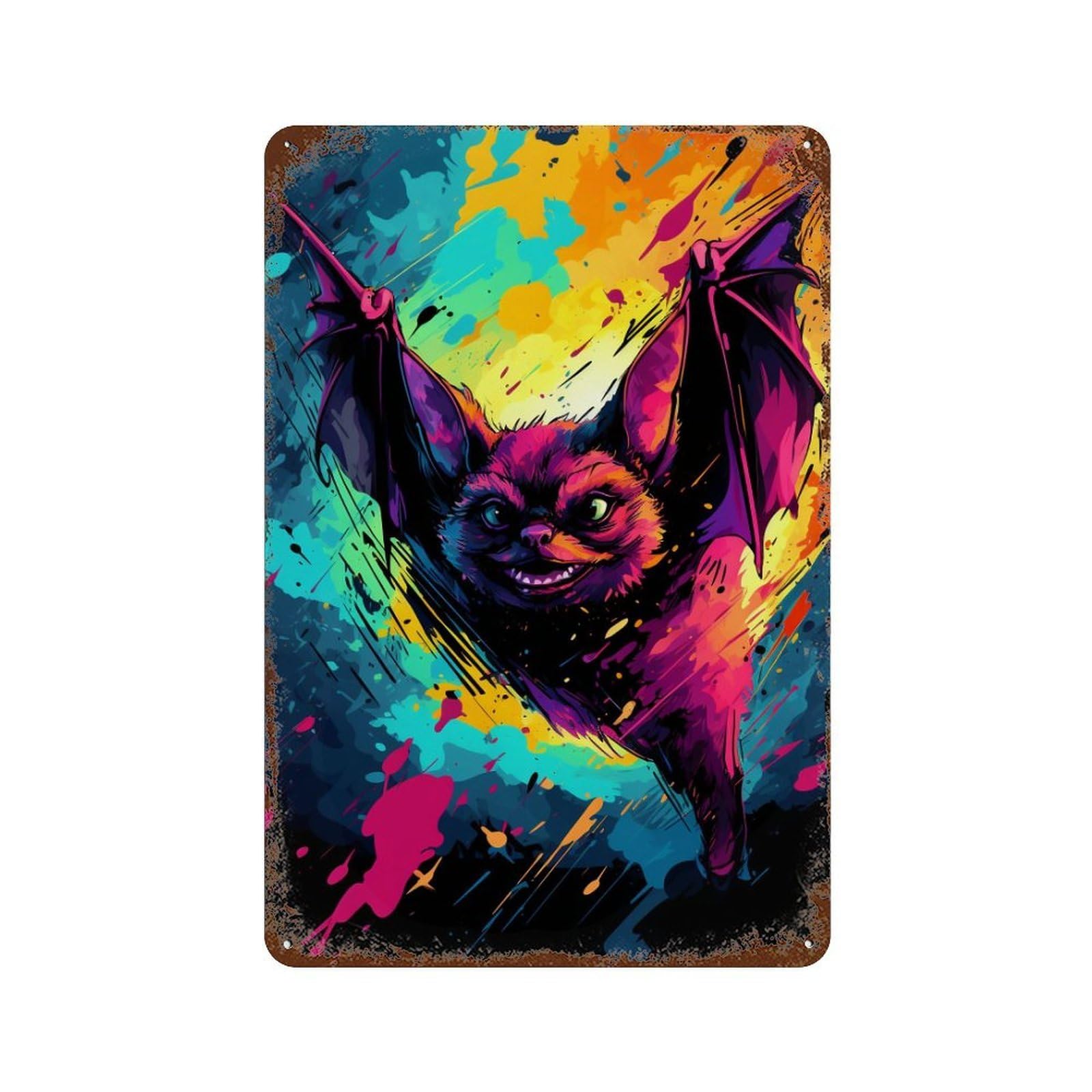 Colorful Bat Art Print-3 11.8"x7.9" Vintage Rust Metal Sign, Shabby Chic Decor for Cafe, Home Bar And Lounge Decor