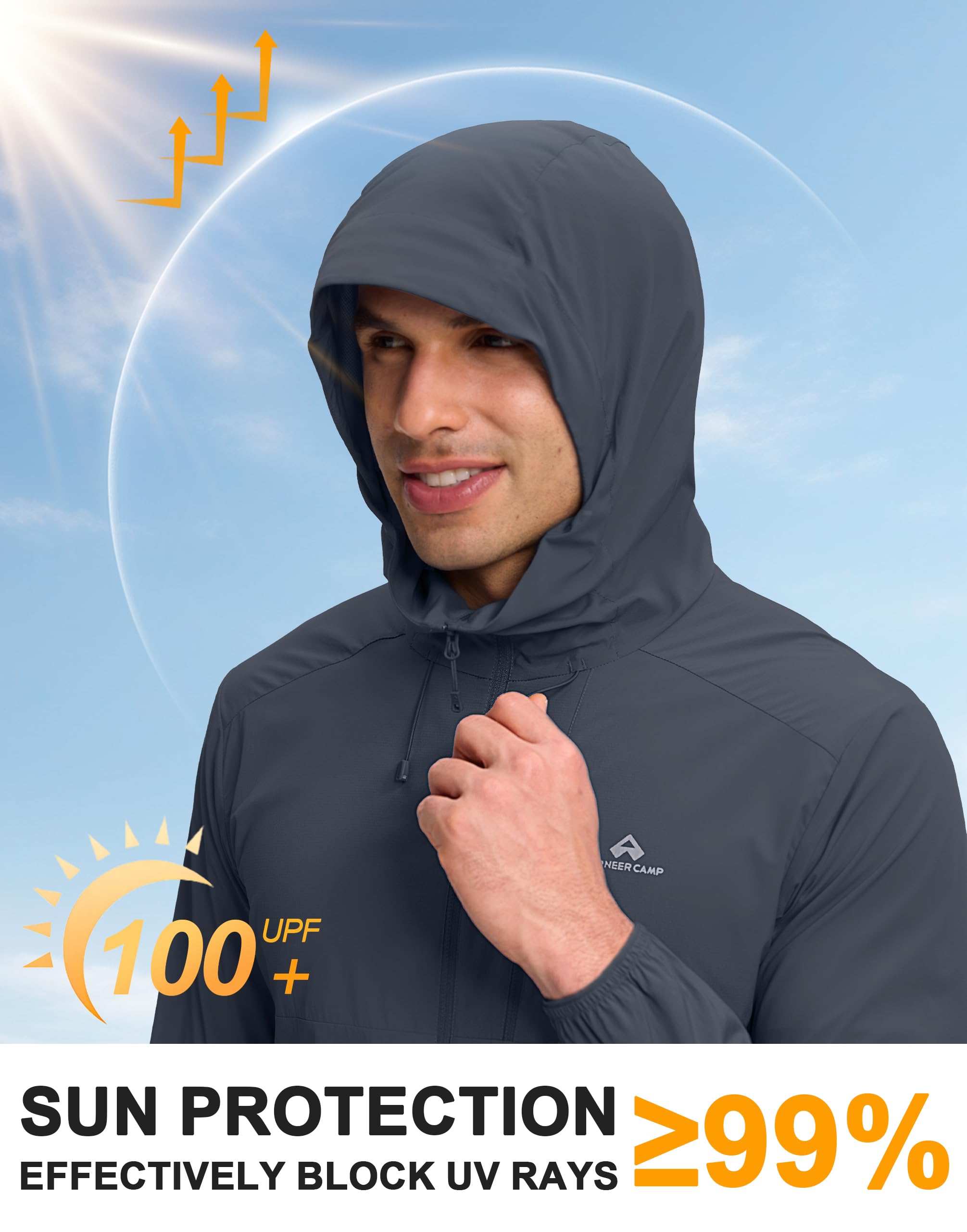 Pioneer Camp Laufjacke Herren Sommer Leichte Atmungsaktiv UV Sonnenschutz Jacke UPF 100+ Wasserabweisend Sun Running-Jacken mit Kapuze und Mehrere Taschen für Wandern Radfahren Reisen