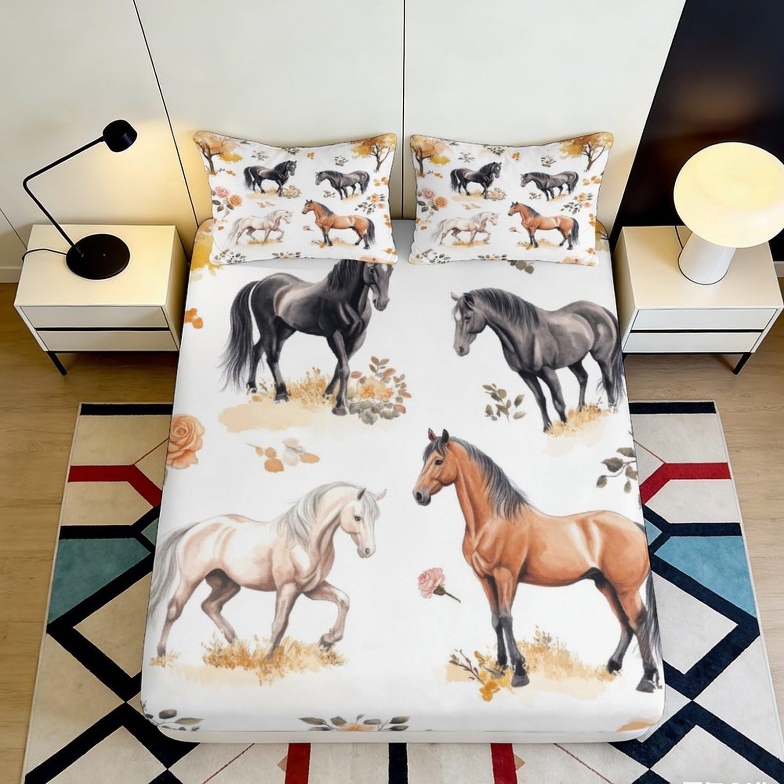 Pnayamiorkfel Style-9 3D Printed Horse Meadow Fitted Sheet Microfiber Soft Breathable Wild Stallion Bed Cover Bedroom Decor Mattress Protector 90X200x25cm