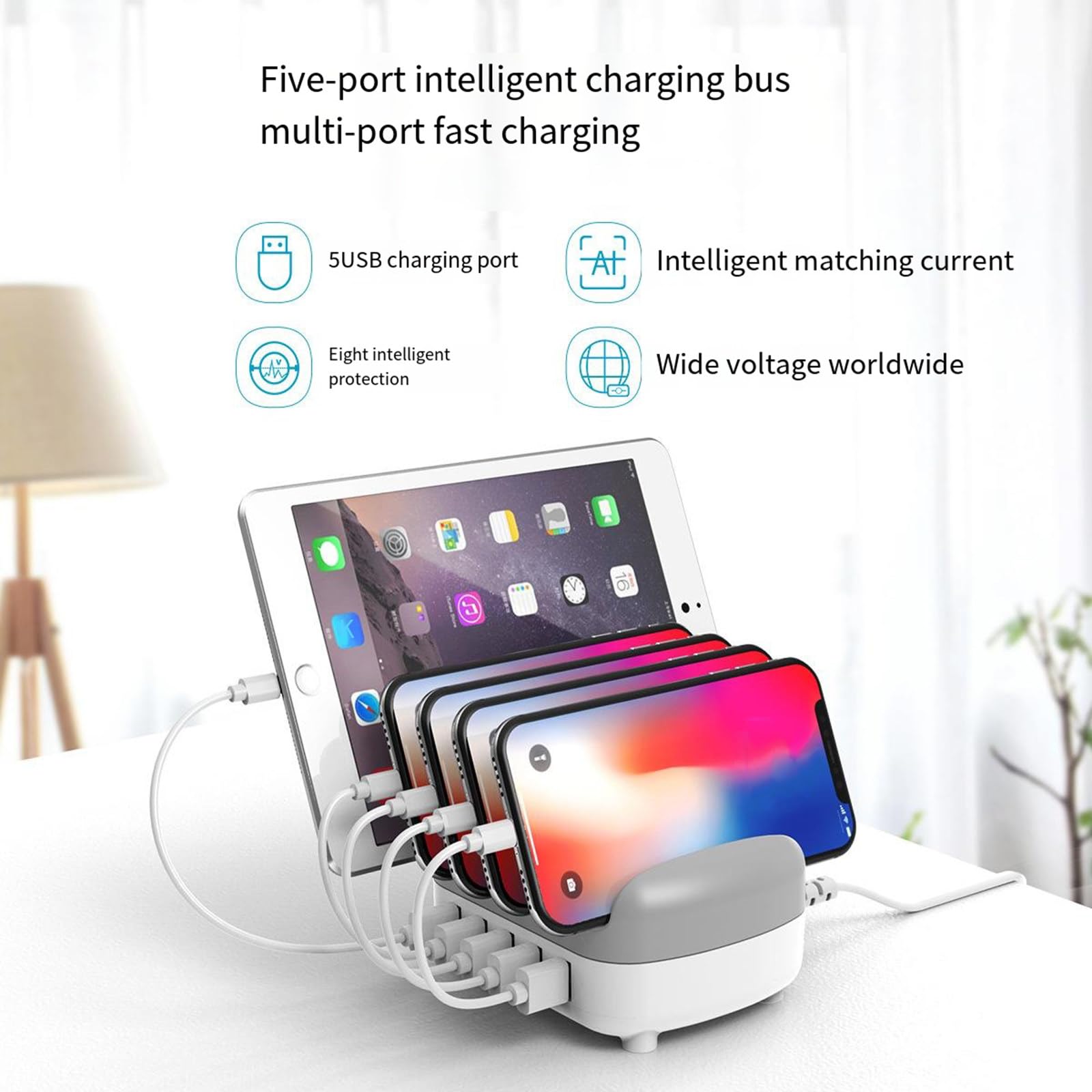 Caricatore USB a 5 porte Slot per presa USB-A multipla Stazione dock di ricarica rapida Adattatore di alimentazione multi USB con supporto,White