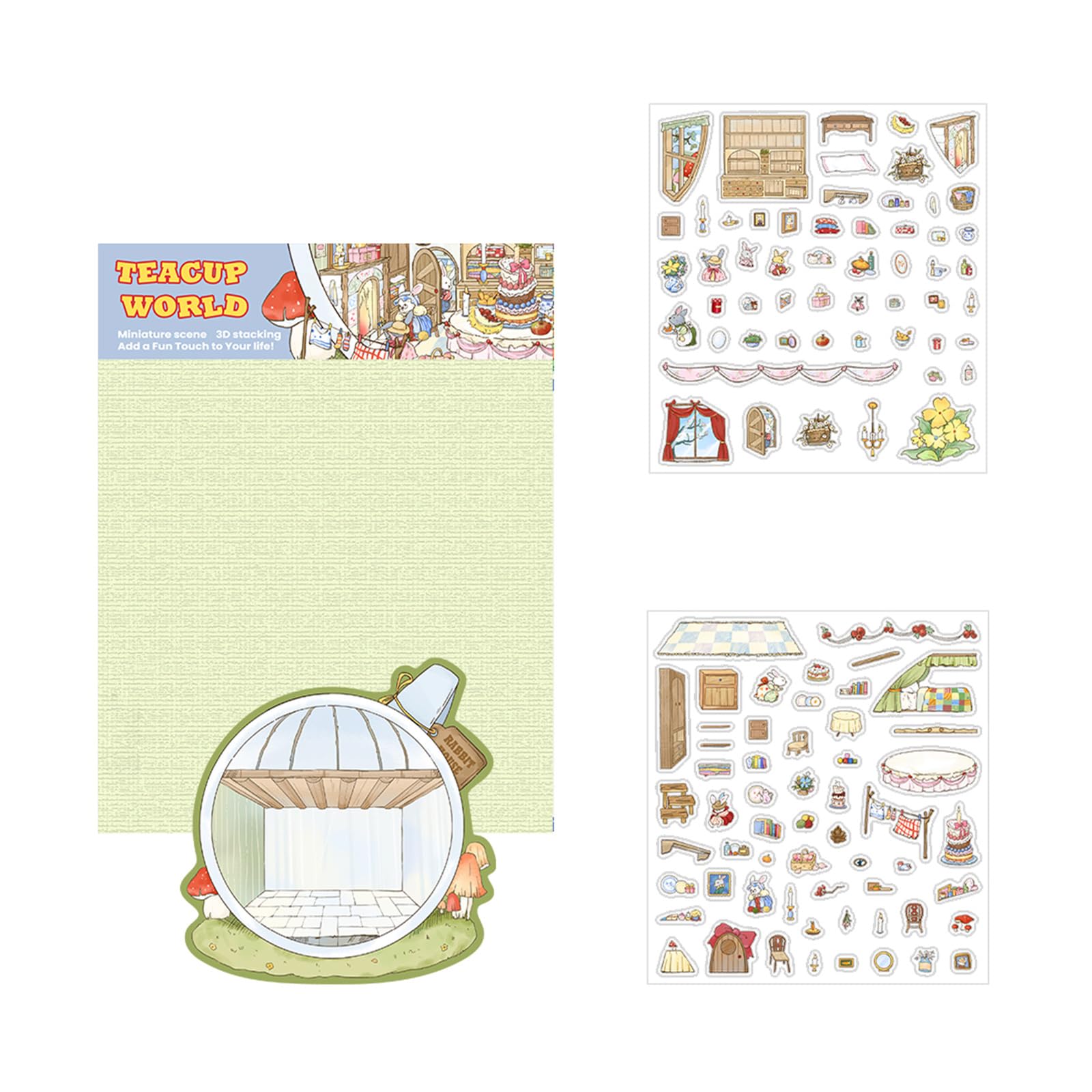 Miniature Scene PET Sticker Teacup Cabin Scenery Sticker for Journal Notebook Scrapbooking Photo Album Laptop Decoration Animal