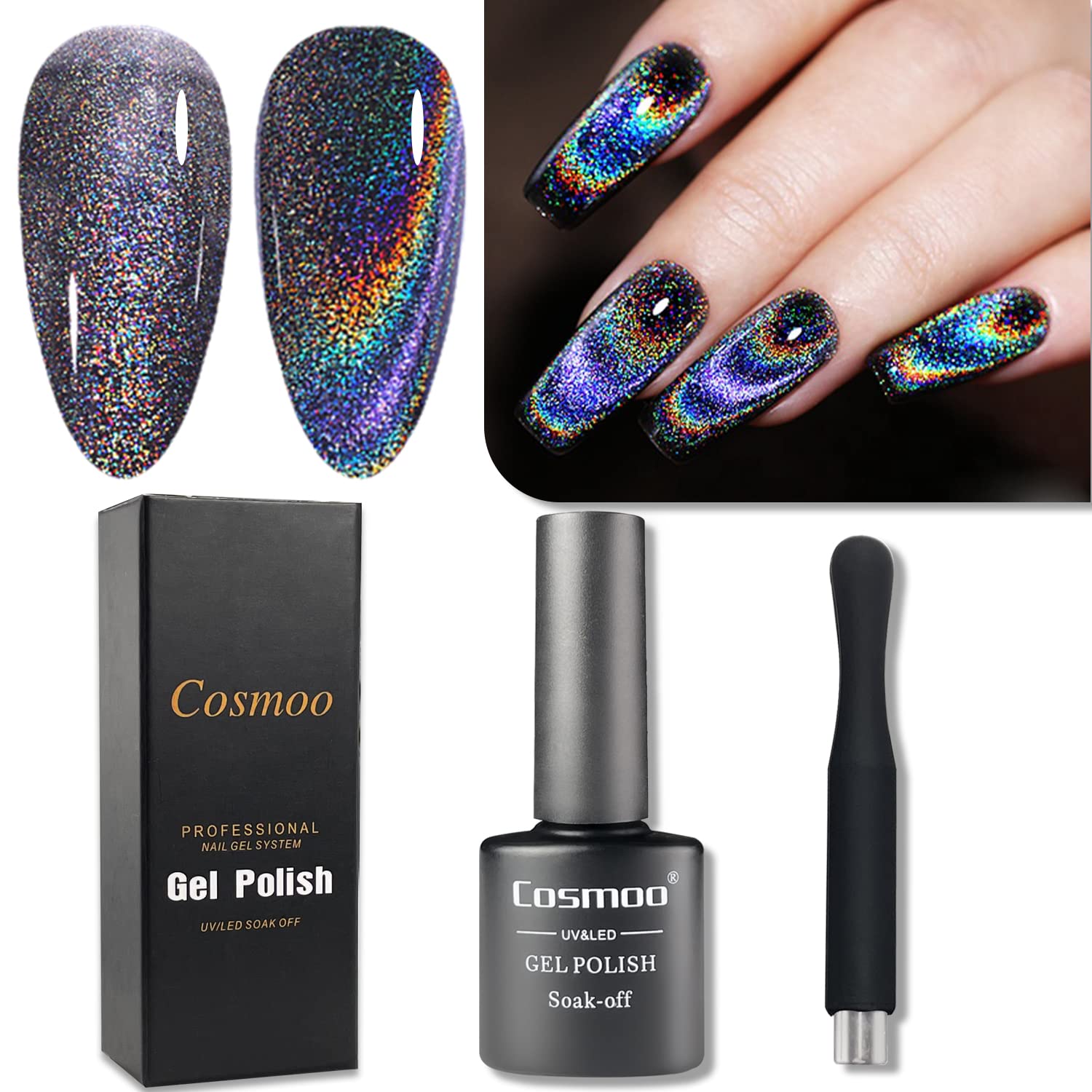 COSMOO Cat Eye Gel Nail Polish, Holographic Rainbow Cat Eye Gel Nail Polish Laser Nail Polish Sliver Holographic Glitter Gel Galaxy Chameleon Magnetic Gel Soak Off UV Gel with Magnetic Stick-Black