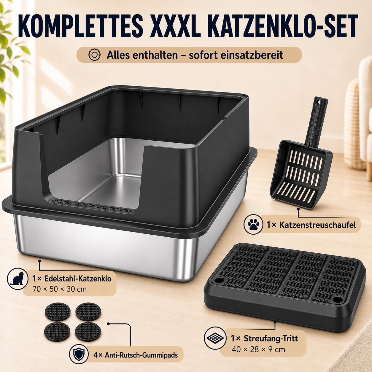 XXXL Lettiera per gatti in acciaio inox, bordo alto, 70 × 50 × 30 cm, inodore, nessuna perdita di urina, antiaderente, facile da pulire, in acciaio inox per gatti di grandi dimensioni, più gatti nero