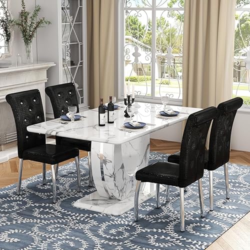 Miniatura 79 de JUFU Juego de mesa de comedor para 6 personas con sillas tapizadas de poliuretano, mesa y sillas de comedor de mármol sintético gris de 63 pulgadas,