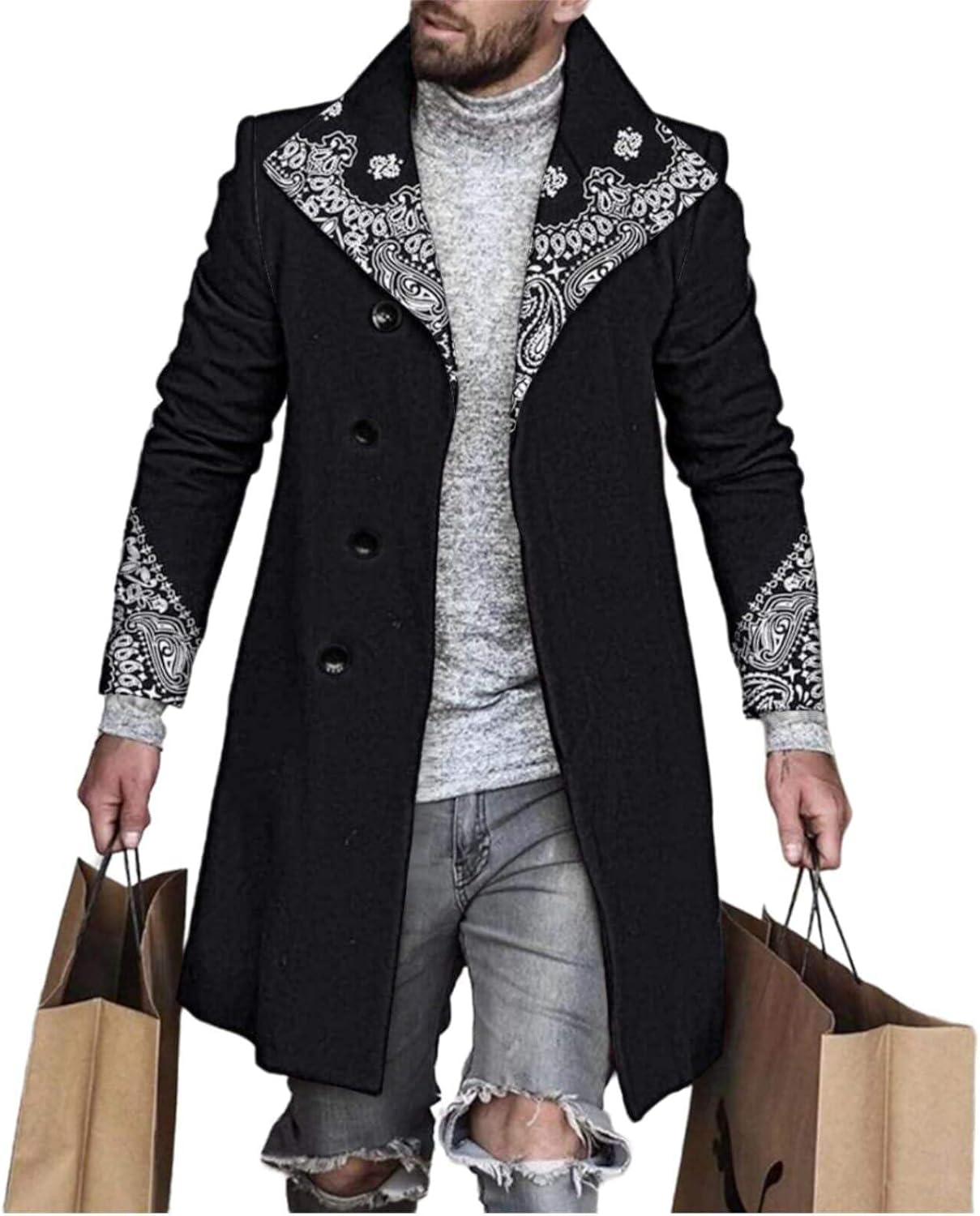 Men's Plaid Long Trench Coat Mid - Length Lapel Collar Button Down Warm Overcoat for Winter & Autumn Fashion