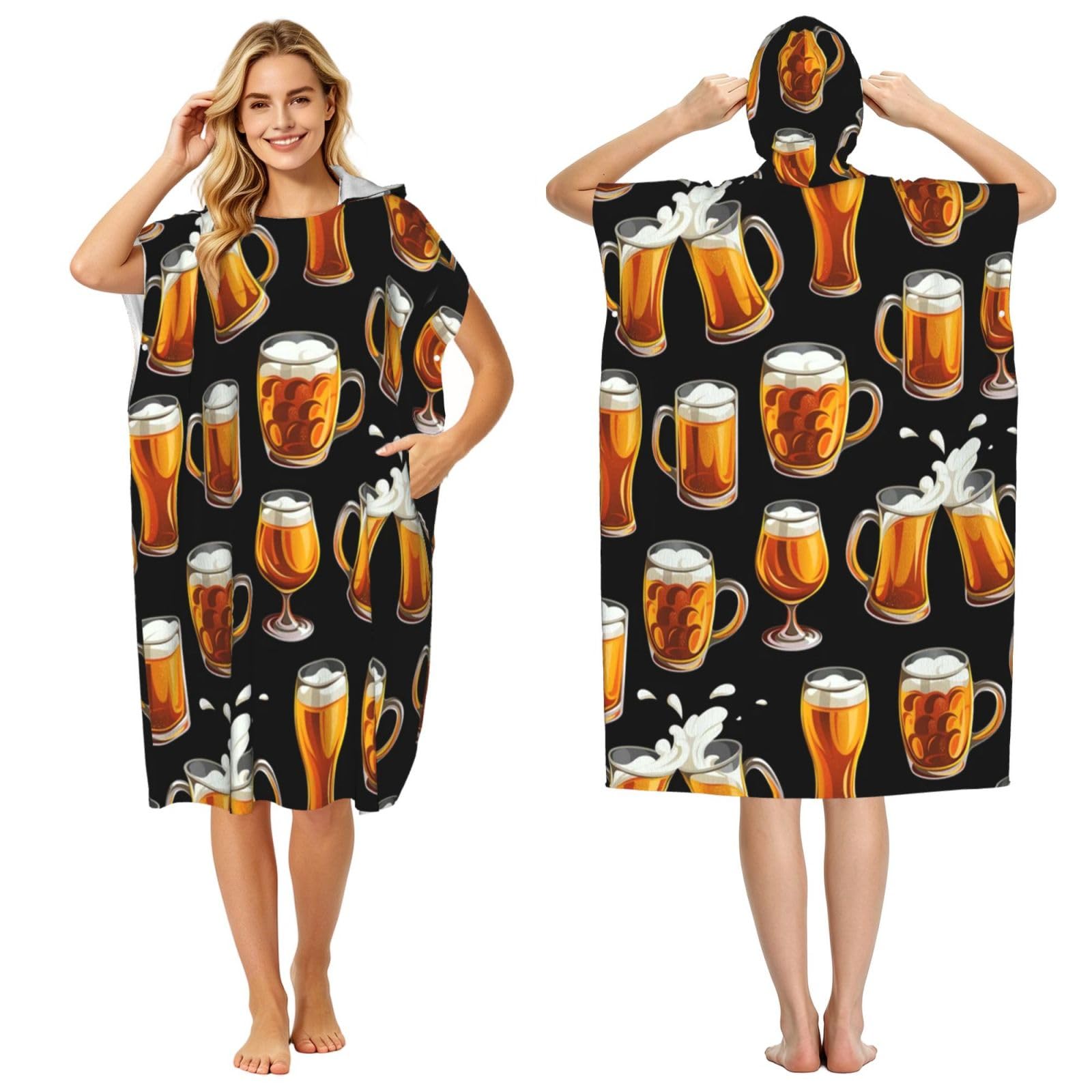 Poadnly Beer Glass, Adult Hooded Beach Towel 90 x 110 cm,Changing Bath Robe, Surf Poncho Towel For Women Men