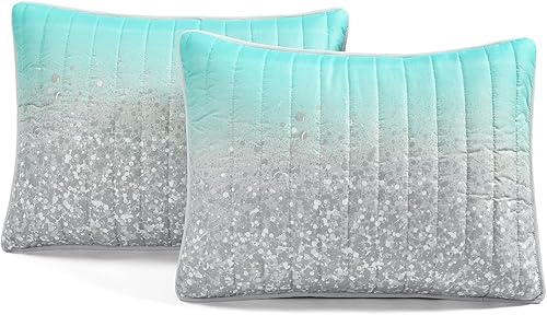 Miniatura 6 de Lush Decor Juego de edredón de 5 piezas con estampado metálico degradado con purpurina, matrimonialqueen, aguamarina y gris