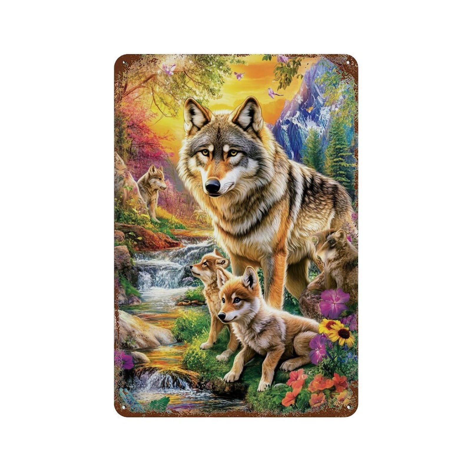 Garage Style Wolf Family in Fantasy Forest Weathered Tin Sign 11.8"x7.9", Classic Wall Plaque for Bar And Workshop