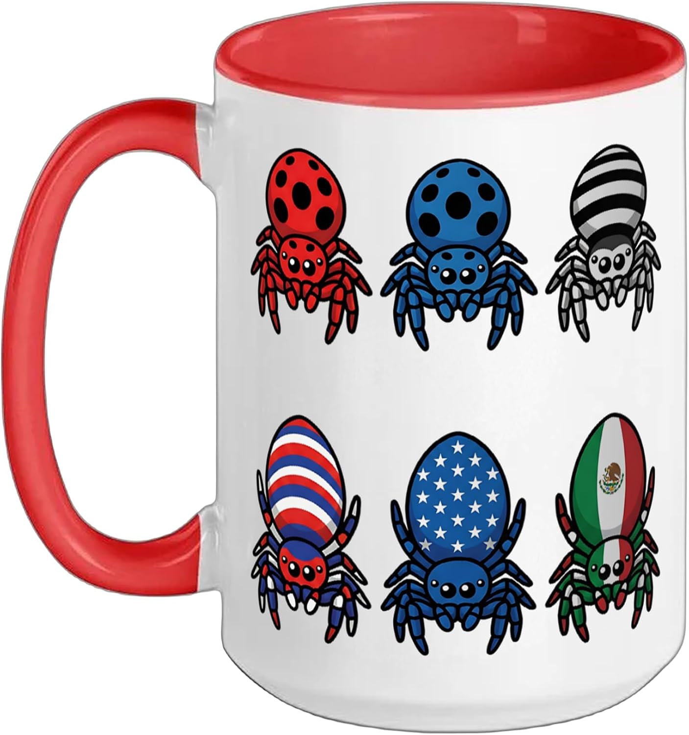Kawaii Jumping Spider Pattern Collection Mexico USA Flag Ceramic Mug, Red/White, 15oz