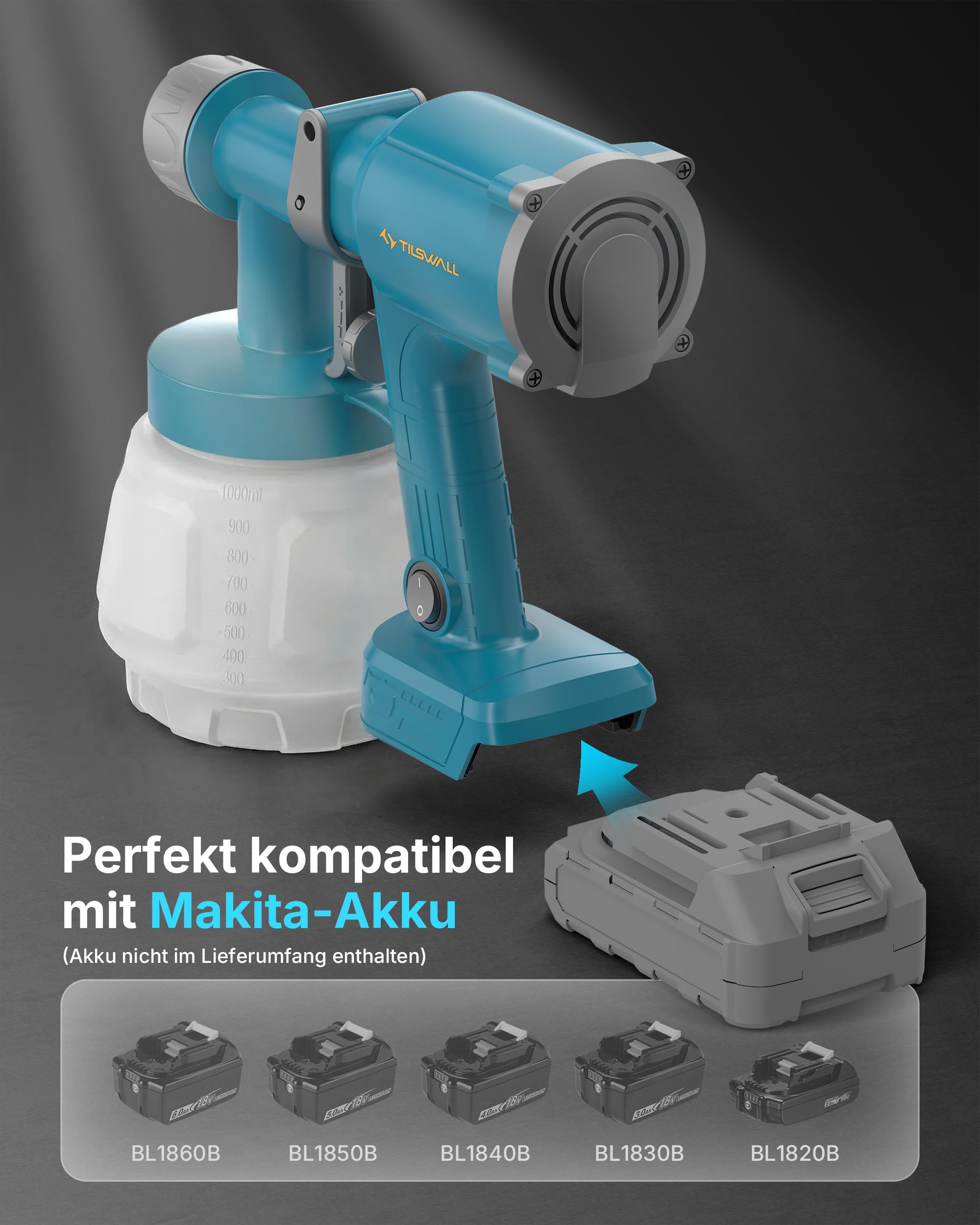 Tilswall Farbsprühsystem Akku, Lackierpistole mit 1000ml Tank, Für Makita & Dewalt 18V Akku (Ohne Akku), Farbsprühgerät 2 Düsen & 3 Sprühmustern, Kabellose Paint Spray Gun Für Wand & Holz