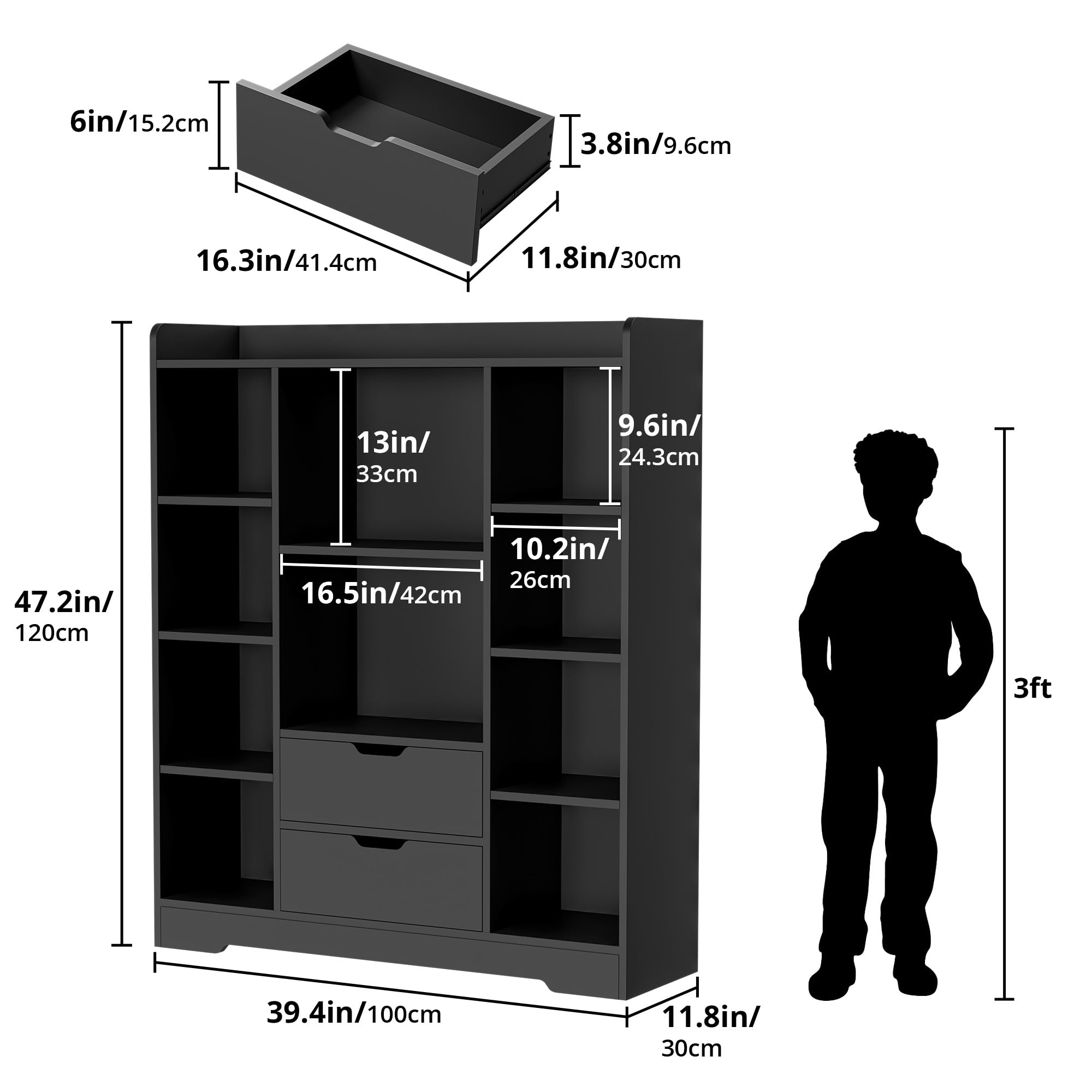 Cozy Castle Kids Bookshelf with Storage, 4-Tier Bookcase with 2 Drawers and 10 Cubes Storage Organizer for Bedroom, Playroom, Hallway, Living Room (Black)