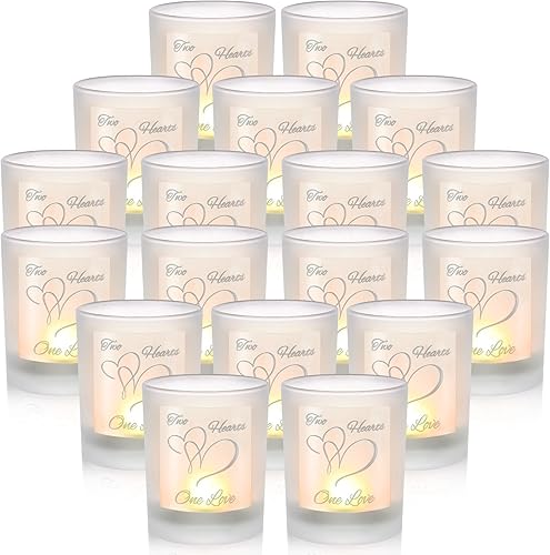 Mtlee Paquete de 18 portavelas votivas de boda con velas para invitados a granel, 18 piezas de dos corazones, 60 velas votivas de amor y regalos de