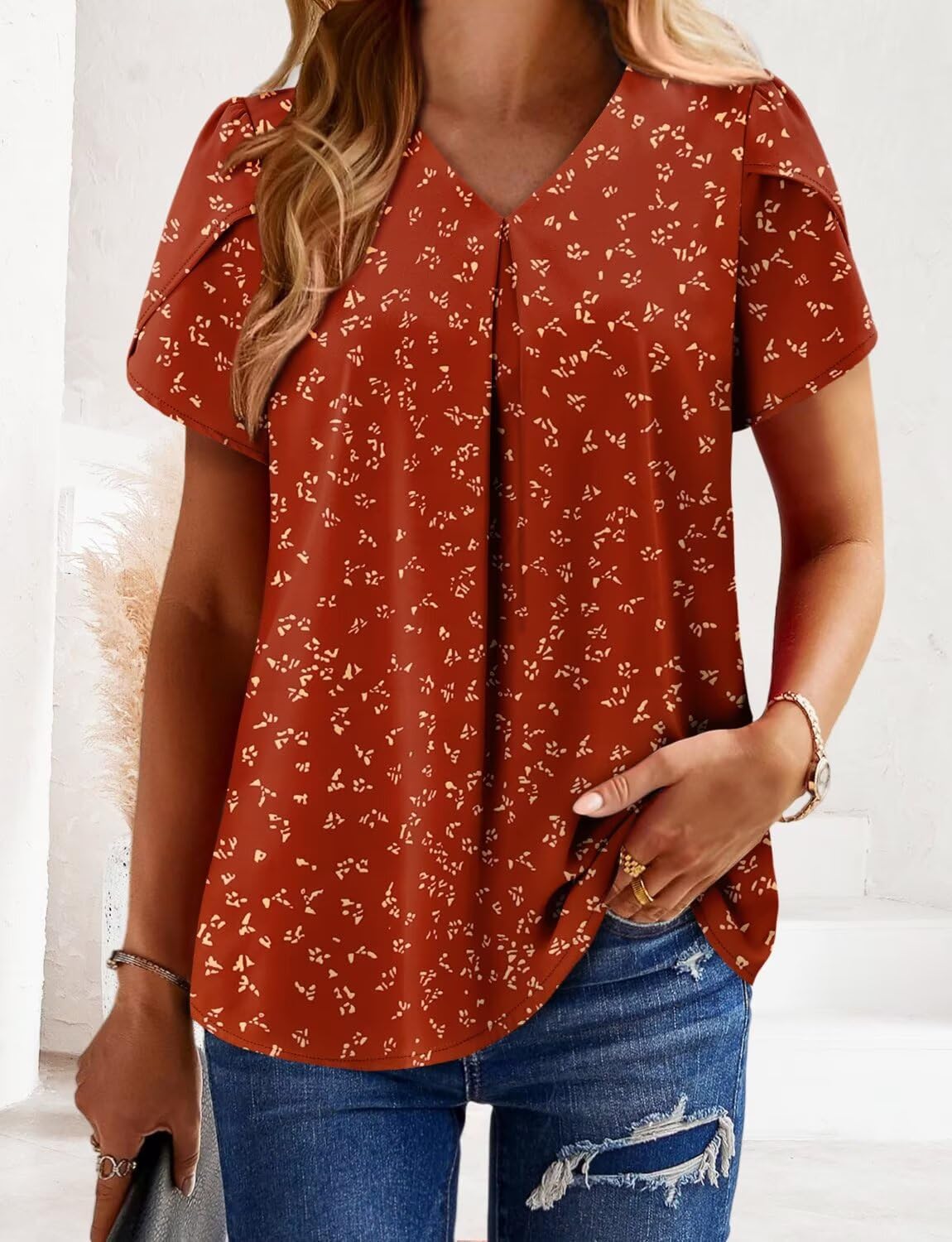 Magritta Womens Tops Dressy Casual Short Sleeve Pleated Tshirt 2025 Summer Loose Fitting Blouse Fashion V Neck Business Shirt - Image 3