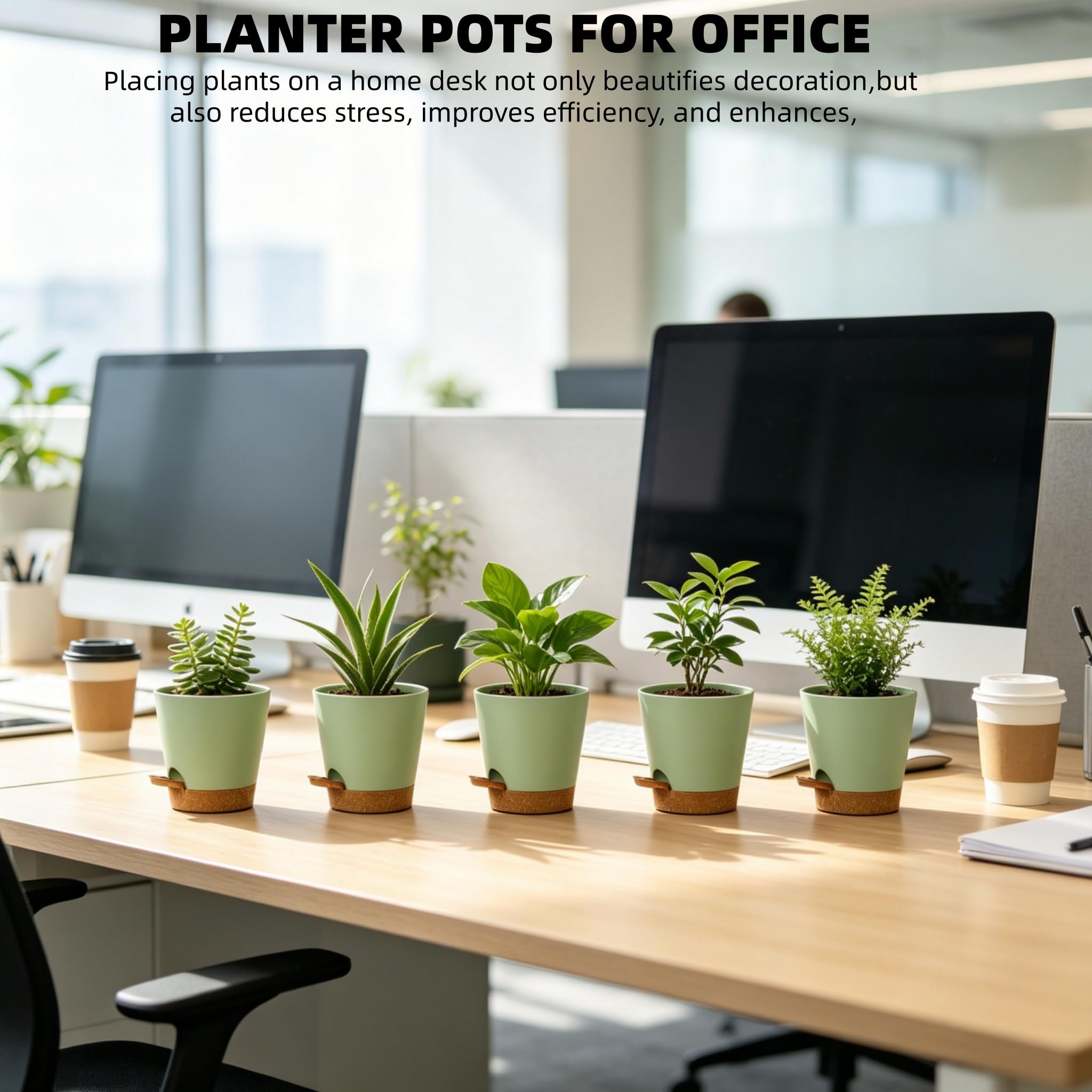 Lot de 5 pots de fleurs à arrosage automatique de 12,7 cm avec trous de drainage et réservoir - Pots de fleurs modernes en plastique pour intérieur et extérieur (vert marron)
