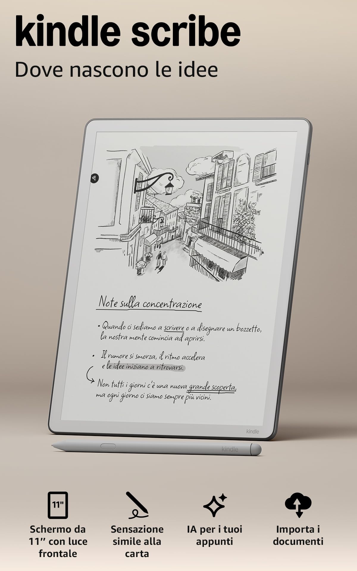 Amazon Kindle Scribe 32 GB (ultimo modello) — Schermo da 11’’, effetto carta stampata, con luce frontale — Più sottile, leggero e veloce — Scrivi nel taccuino integrato, nei documenti e nei libri