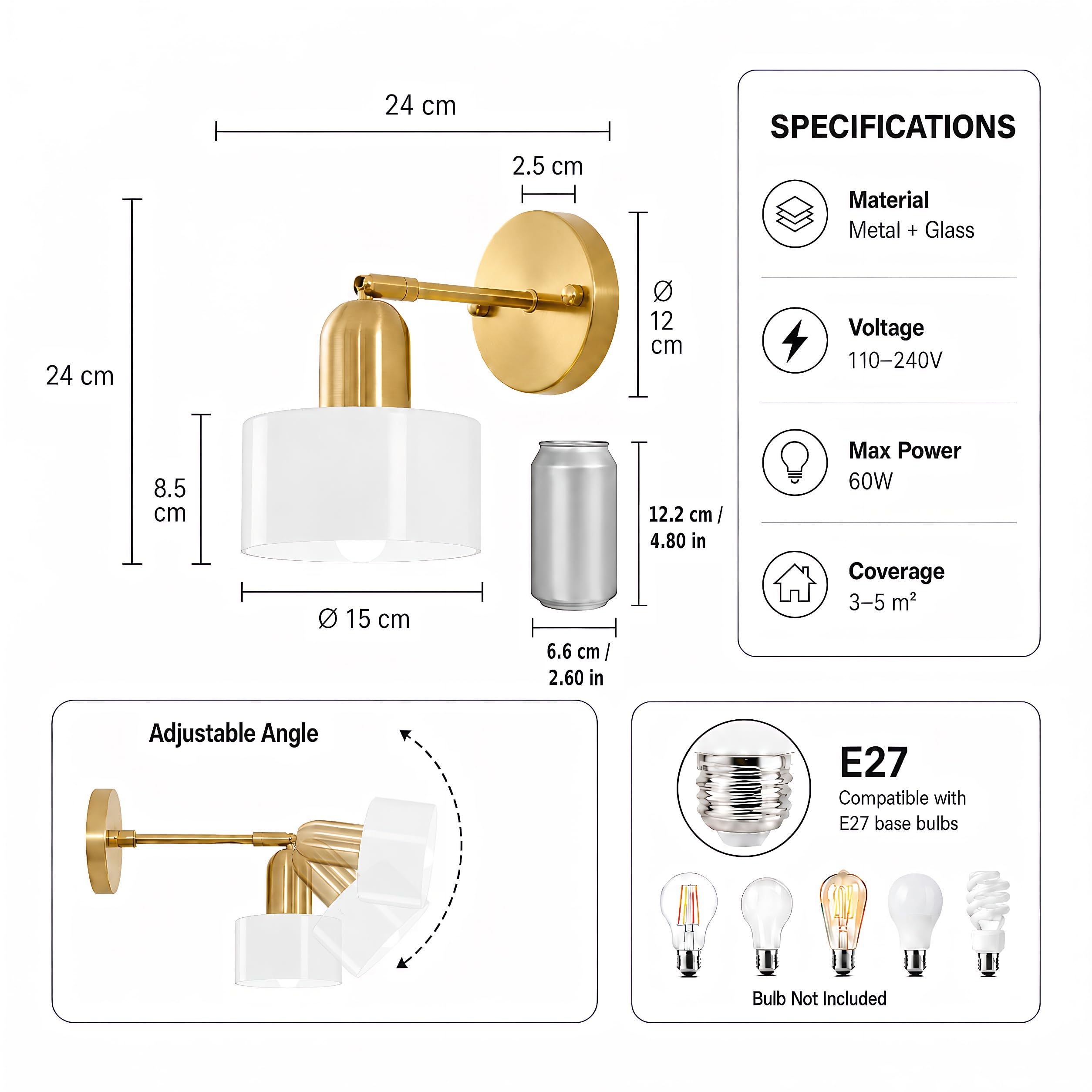 15 cm Lampada da Parete in Vetro Cilindrico Moderna, Applique da Parete E27 Orientabile, Lampada Cablata per Camera Soggiorno Corridoio Cucina，Bianco：1