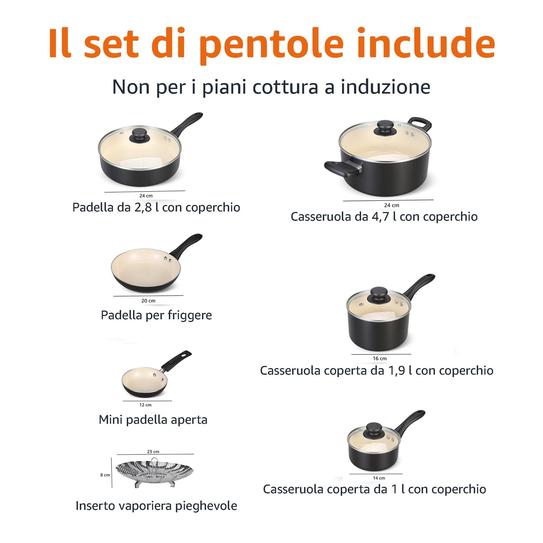 Amazon Basics Batteria di pentole e padelle antiaderenti in ceramica da 11 pezzi, colore: nero e crema