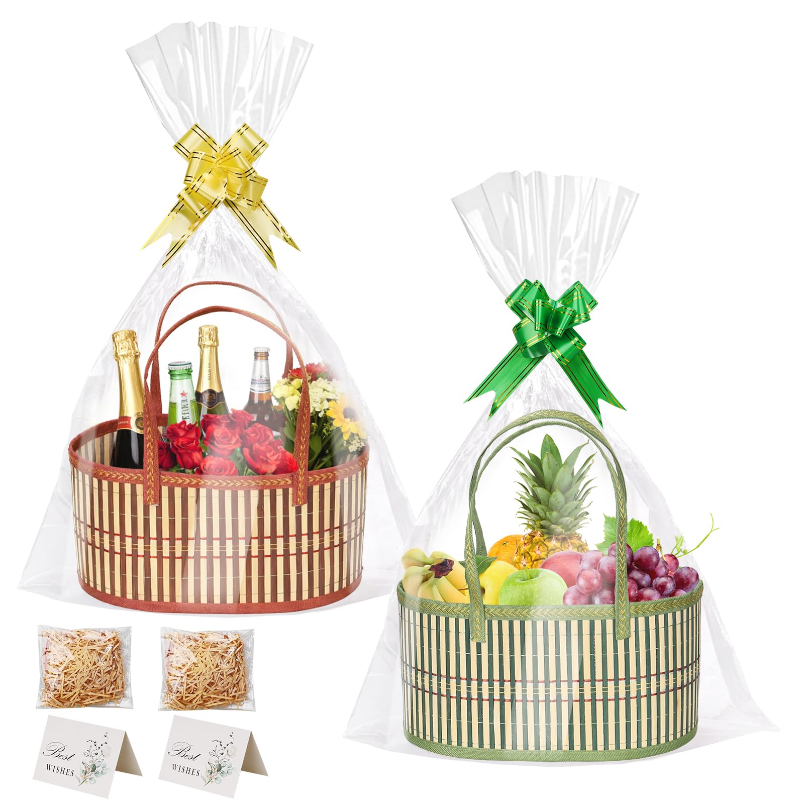 2-Pack Woven Bamboo Gift Basket Set, with 2 Bags, Bows, Cards & Fill, Easter Christmas Birthday Housewarming Hamper, Home Storage & Decor Organiser (Brown & Green)