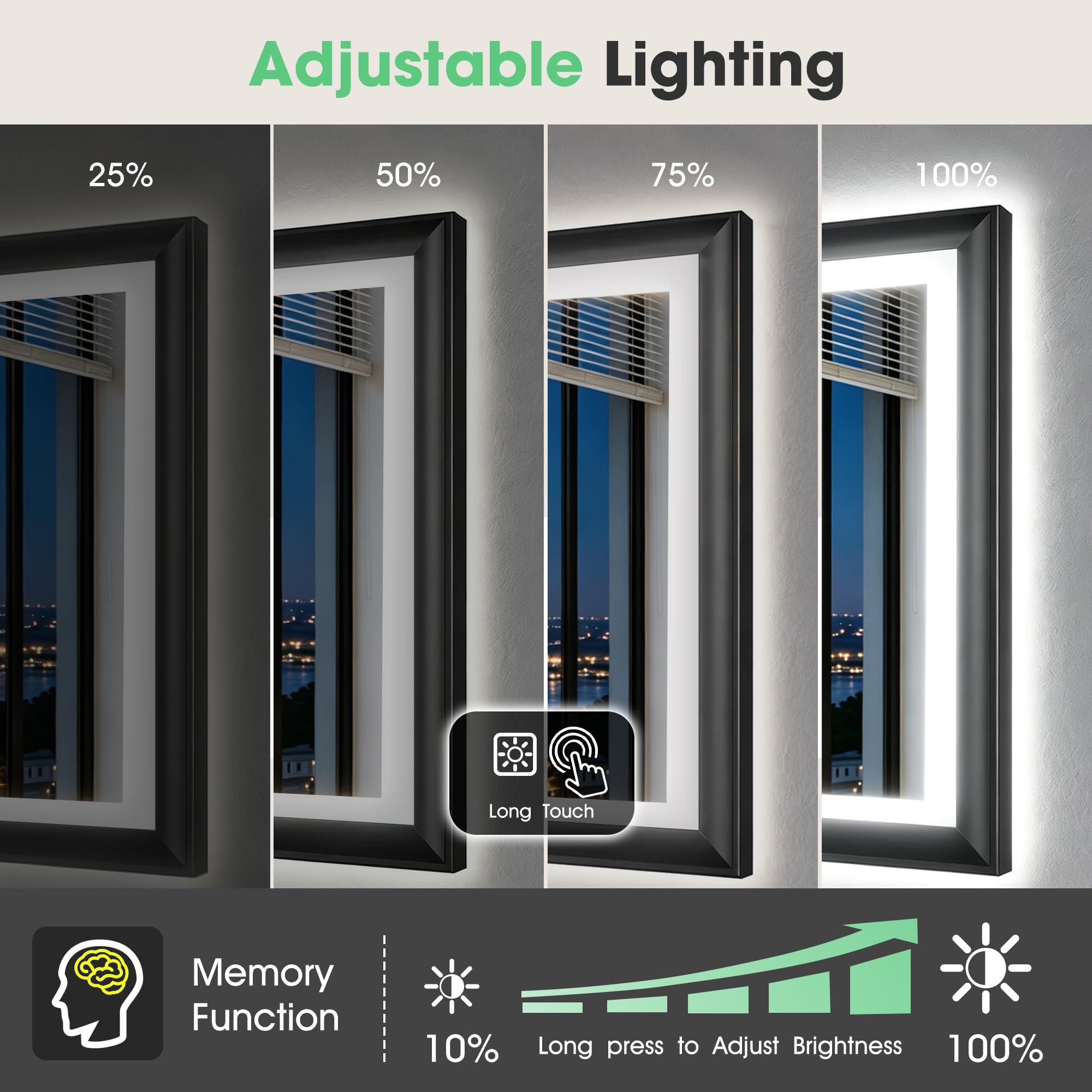 S'bagno Badspiegel mit Beleuchtung 70x50cm, Schwarzer Rahmen | LED Badezimmerspiegel mit Anti-Beschlag, 3 Farben, Dimmbar, Memory, ESG-Glas, CRI>90, IP44, Horizontal/Vertikal