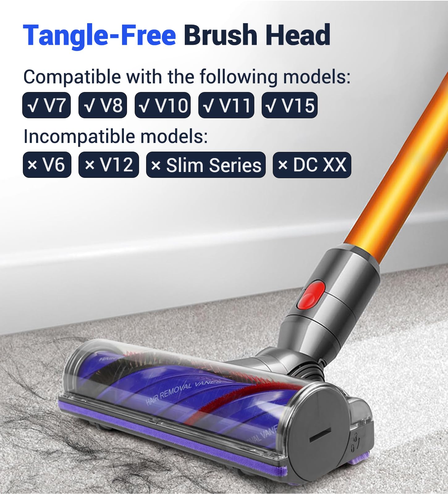 Cabezal de Cepillo de Repuesto Anti-Enredos Compatible para Dyson Aspiradoras V7, V8, V10, V11, V15, Accesorio Recambios, Cepillo Motorizado para Alfombras y Suelos Duros | Cabezal limpiador de accionamiento directo de 50 W, repuesto para alfombras y suel