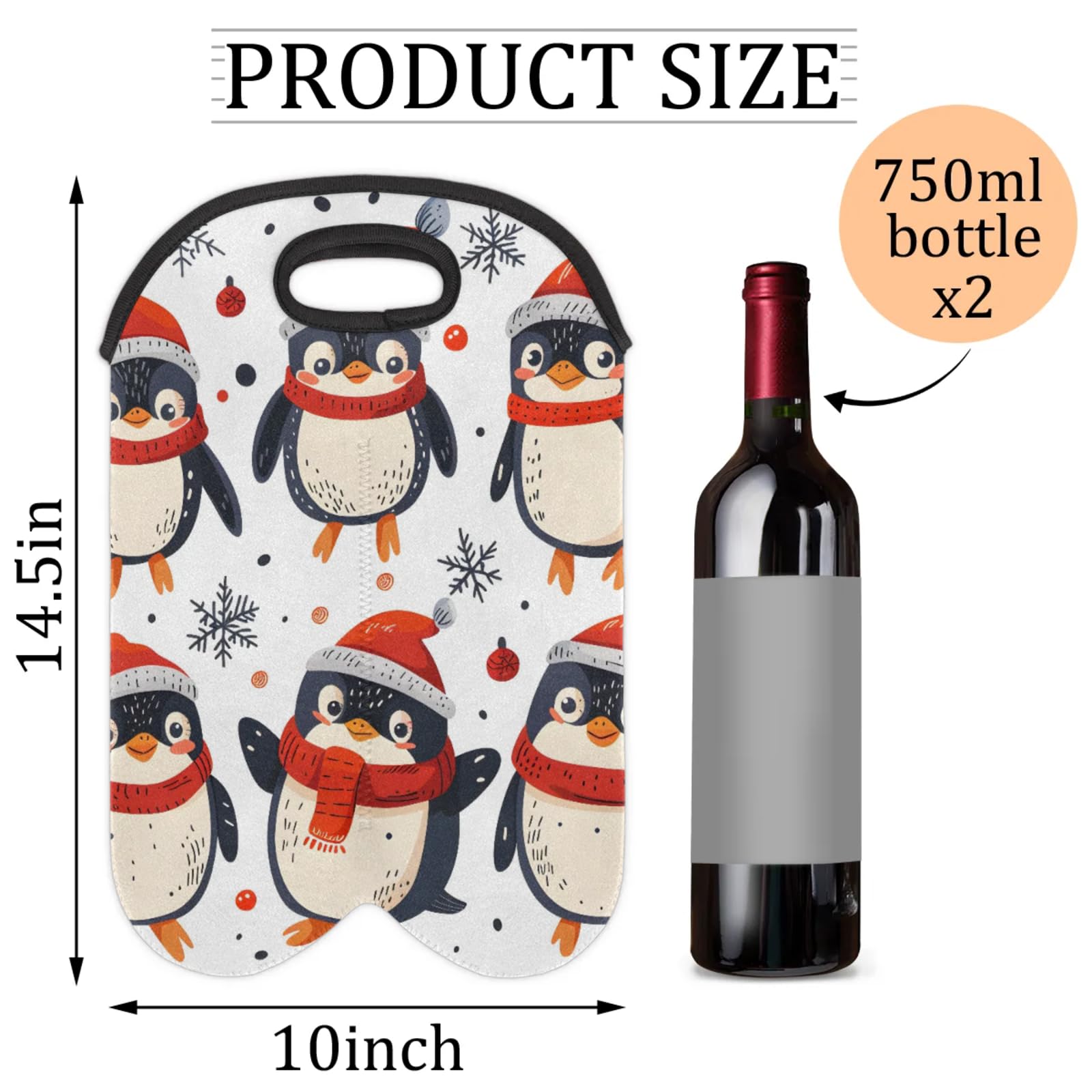 GzLeyigou 2 Bottles Cute Penguins Wine Bag Sleeve Totes Neoprene Protective Wine Carrier Bag for Wine,Water, Champagne, Beer, Baby Bottles,Gift 14.5 x 10 Inches