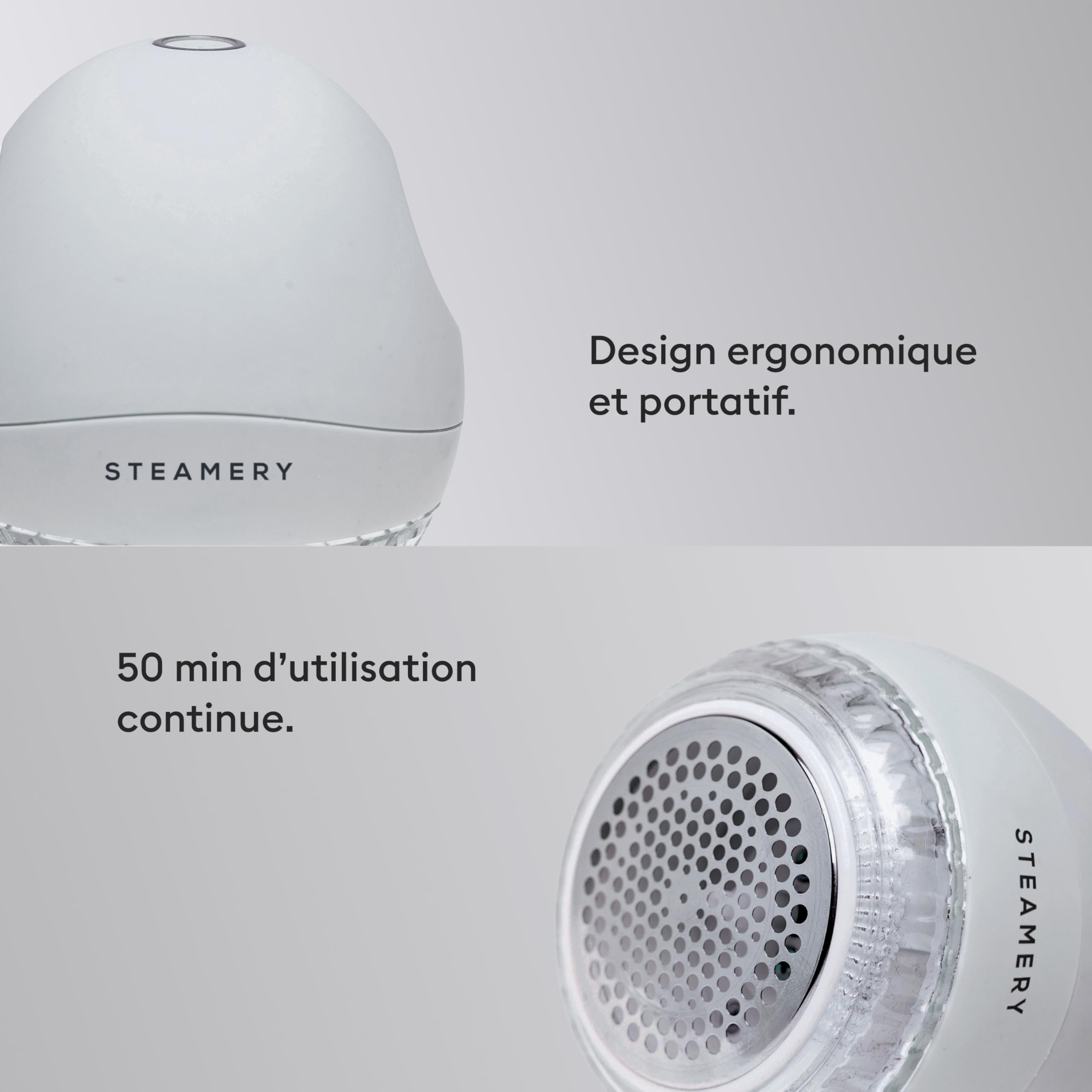 Steamery rasoir anti bouloche Pilo 1, enlève les peluches et les bouloches, 5W, portable, rechargeable, ergonomique, design scandinave, Gris