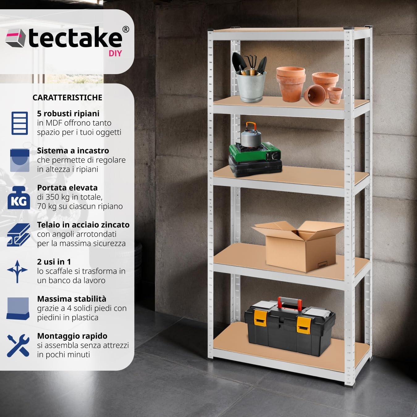 tectake® Scaffalatura Metallo Garage, Scaffale Attrezzi da Lavoro, Scaffalatura Libreria in Lamiera d'Acciaio, Scaffali Modulabili, 70 kg di Carico per Piano - Capacità Portante 350 kg