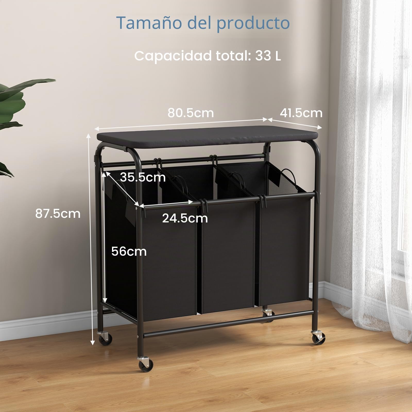 GIANTEX Clasificador de Ropa con 3 Bolsas Extraíbles, 80,5 x 41,5 x 87,5 cm, Cesta de Colada con Tablero Superior y Ruedas, Mueble de Almacenamiento para Baño, Lavandería, Negro