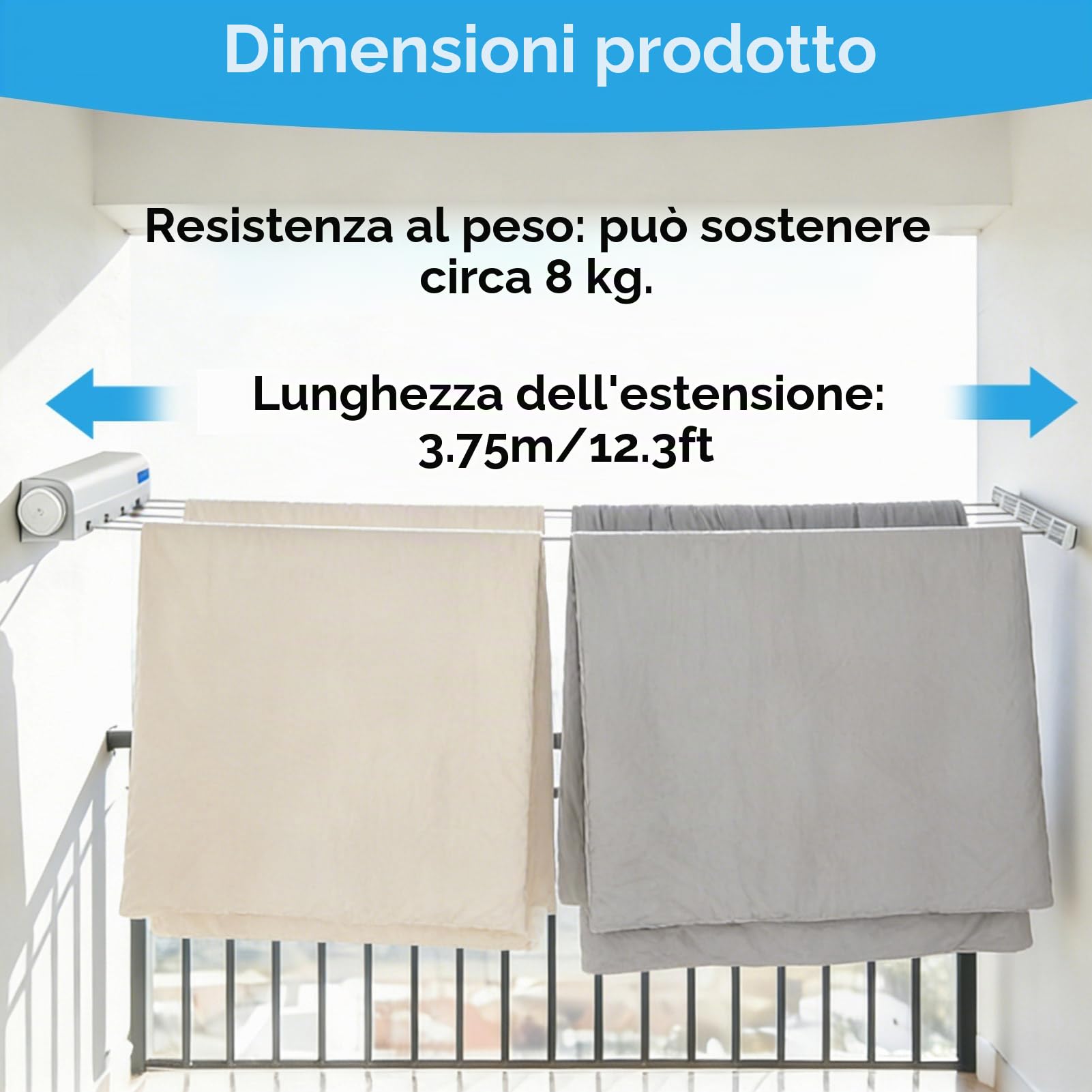 HERCHR Plastica Corda da bucato riavvolgibile, Plastica Stendibiancheria da Parete Salvaspazio con 5 Robusti Fili Estraibili, Appendiabiti Portatile con Corda Regolabile per Interni ed Esterni