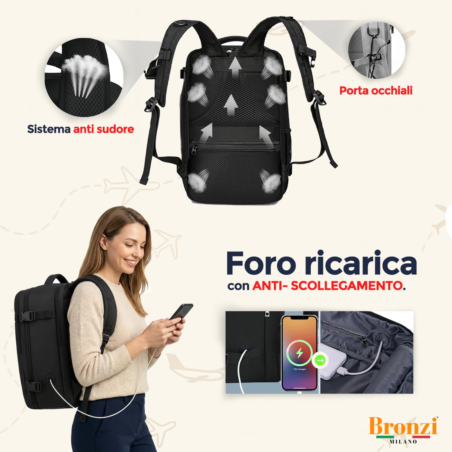 Bronzi® Zaino Ryanair compatibile 40x20x25 Zaino da Viaggio Aereo Bagaglio a Mano compatibile Ryanair | Wizzair 20L Piccolo Borsa da Cabina per Voli Borsa da Viaggio Aereo Zaini Casual Porta PC,Nero