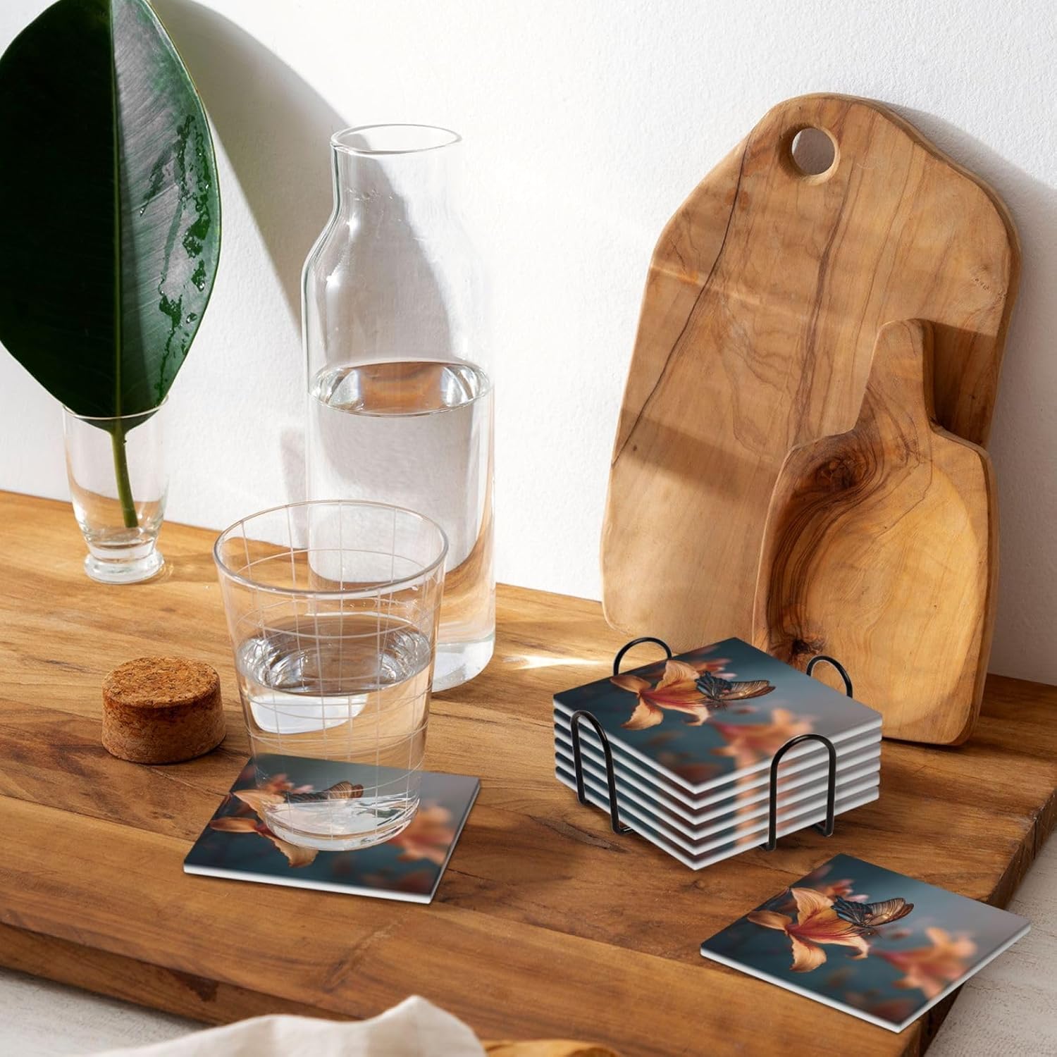 (Butterfly) Ceramic Coasters Set of 6 with Holder Non-Slip Square Coffee Coasters for for Cup Mug Drink Patio Coffee Table Decor, Christmas Coasters Home Bar Supplies