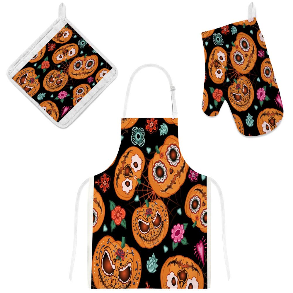 Tablier de cuisine avec poches motif citrouilles pour préparer Halloween en famille