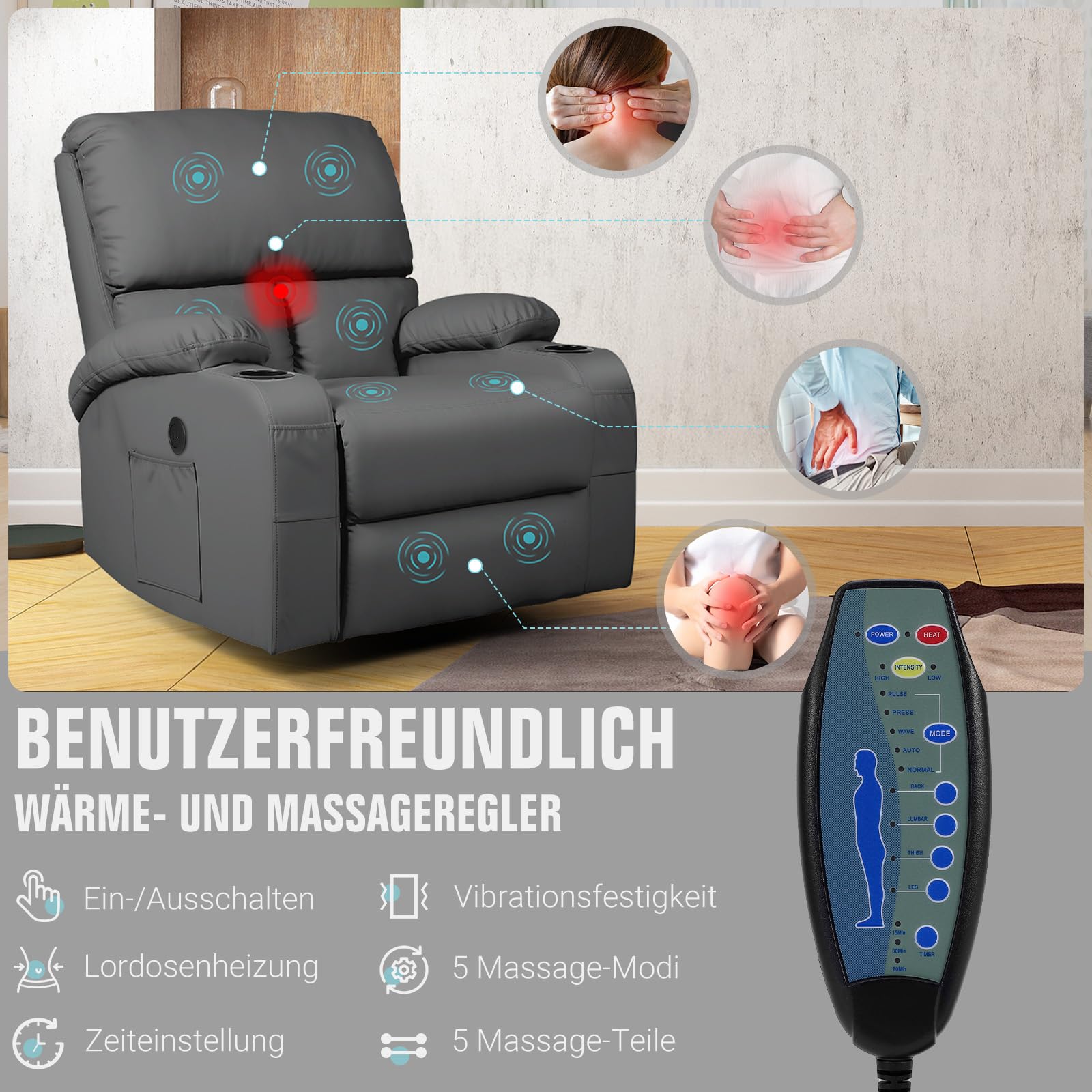 Schaukelstuhl mit Relaxfunktion, Massagesessel mit Vibration und Wärme, USB- und Type-C-Anschlüsse, 360° Drehbar, Kunstleder, Wohnzimmer, Schlafzimmer, Kinderzimmer, Wohnmobil, Dunkelgrau