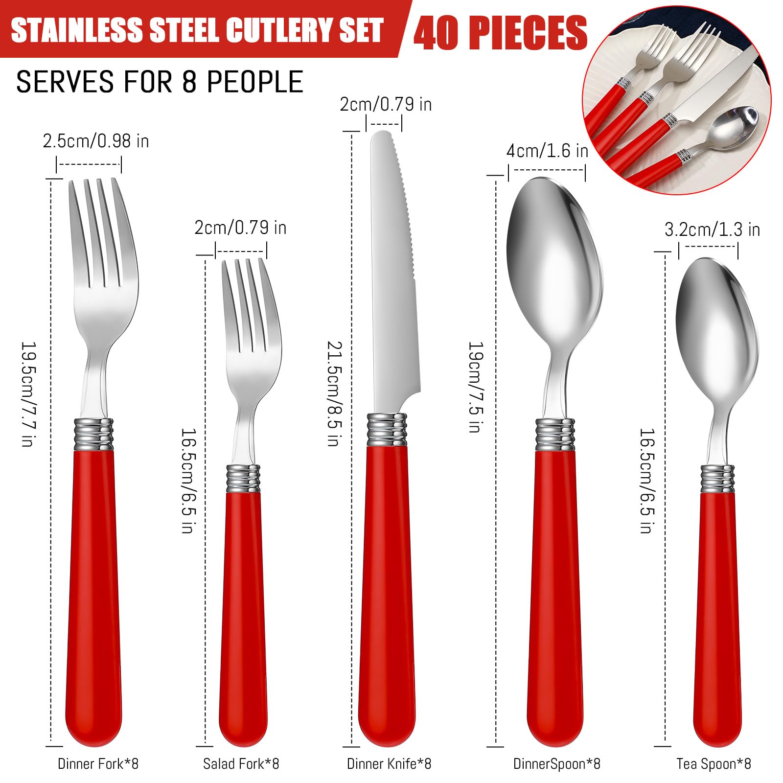Sabary 40 Pcs Handle Silverware Stainless Steel Sets for 8 Flatware Cutlery with Colored Handles 8 Dinner Knife, 8 Dinner Fork, 8 Salad Fork, 8 Dinner Spoon, 8 Dessert Spoon for Home(Red)