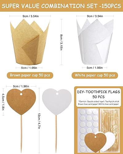 Miniatura 2 de BLUE TOP Juego de 100 forros para cupcakes de tulipanes 2 en 1 y 50 piezas de decoración de pastel de corazón, tazas de magdalenas, tazas para