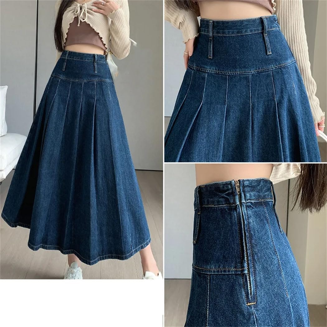 Women Vintage High Waist Pleated Denim Skirt Summer Casual A-Line Jeans Umbrella Skirt for Daily Wear