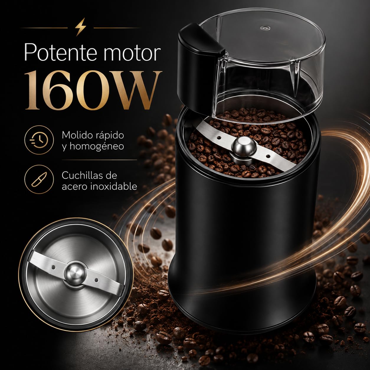 Molinillo de Café Eléctrico 160 W, 50-60 g, Acero Inoxidable (NEGRO)