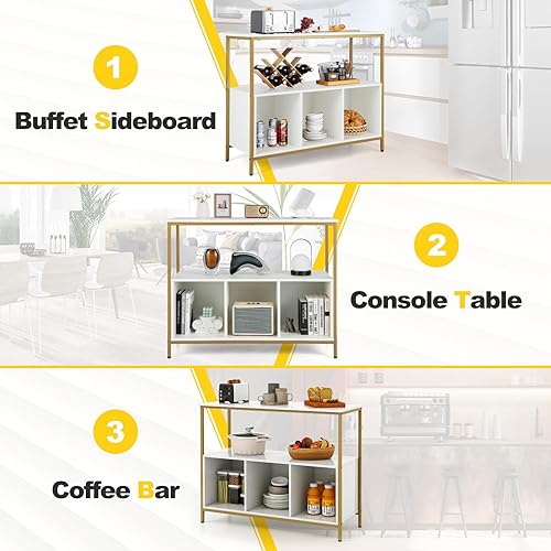 Miniatura 8 de Armario buffet con almacenamiento, aparador con 1 estante abierto y 3 cubículos, buffets y aparadores de madera, moderna mesa de café para cocina,