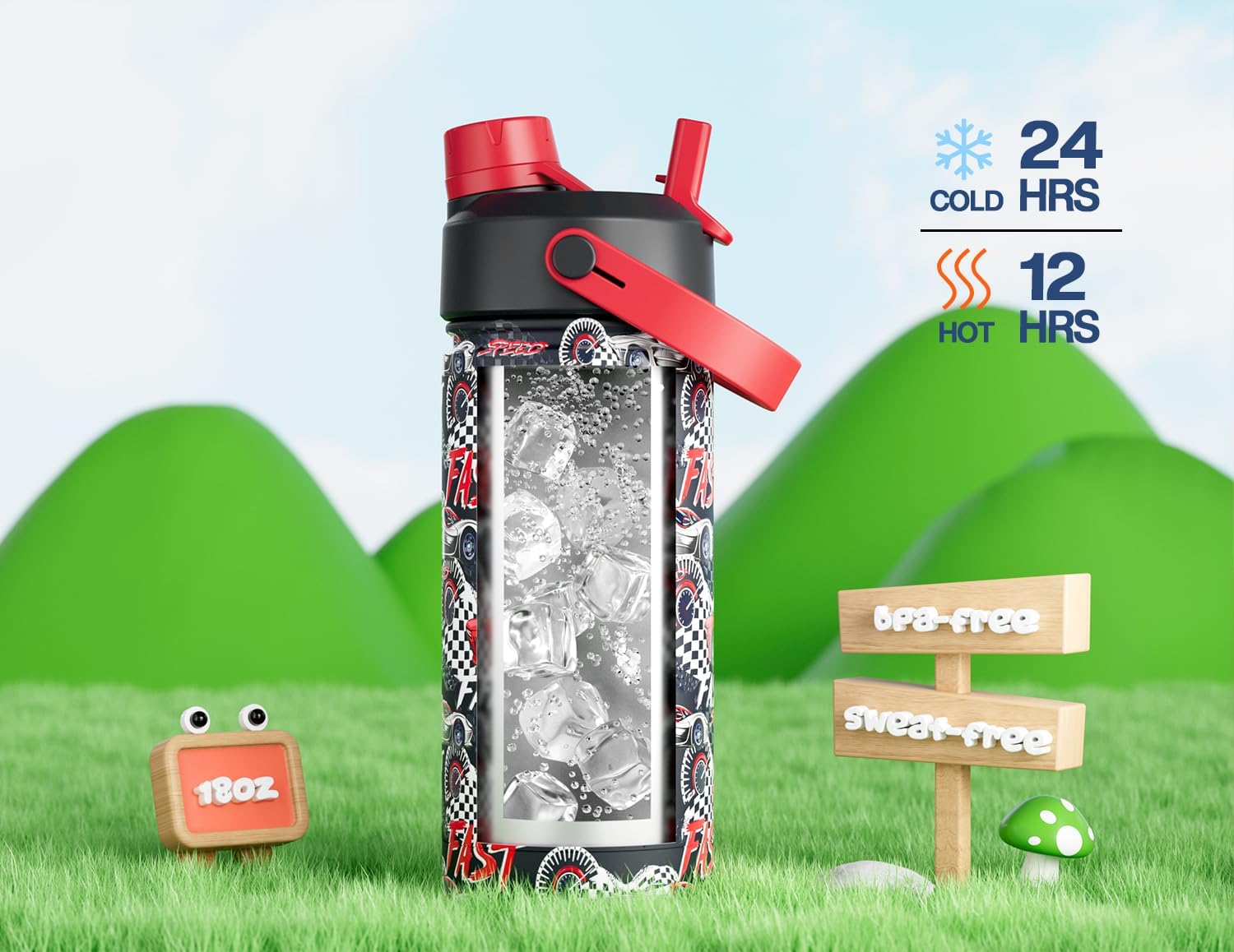 18 oz Stainless Steel Water Bottle for kids: Leakproof, BPA-Free, Easy Carry, Backpack Friendly, 24H Cold, Reusable Insulated Cup, Durable Straw Spout Lid for Sports, Adventures, Camping (Turbo Racer) - Image 5