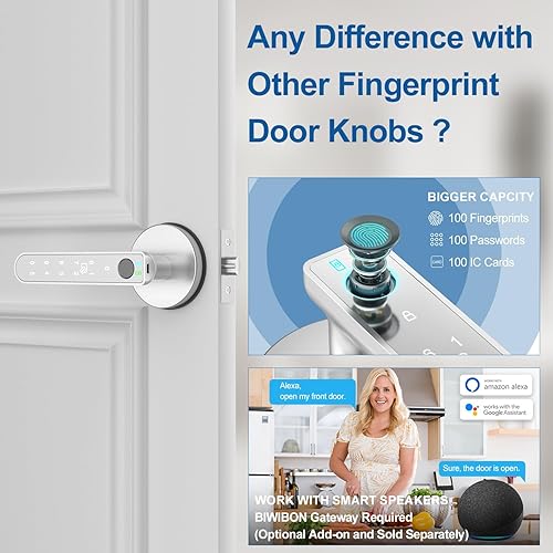 Miniatura 4 de Cerradura de puerta de huellas dactilares, perilla de puerta inteligente 5 en 1 con aplicación inteligente, huella dactilar, tarjetas