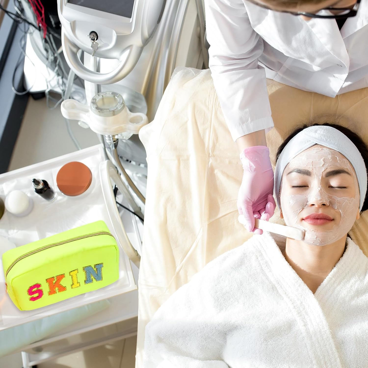 Whaline 4Pcs Preppy Nylon Cosmetic Bag Chenille Letter Makeup Organizer Bag Set Patches Toiletry Cosmetic Case Waterproof Zipper Cosmetic Pouch for Women (Neon Color,Skin,Stuff,Hair,Face)