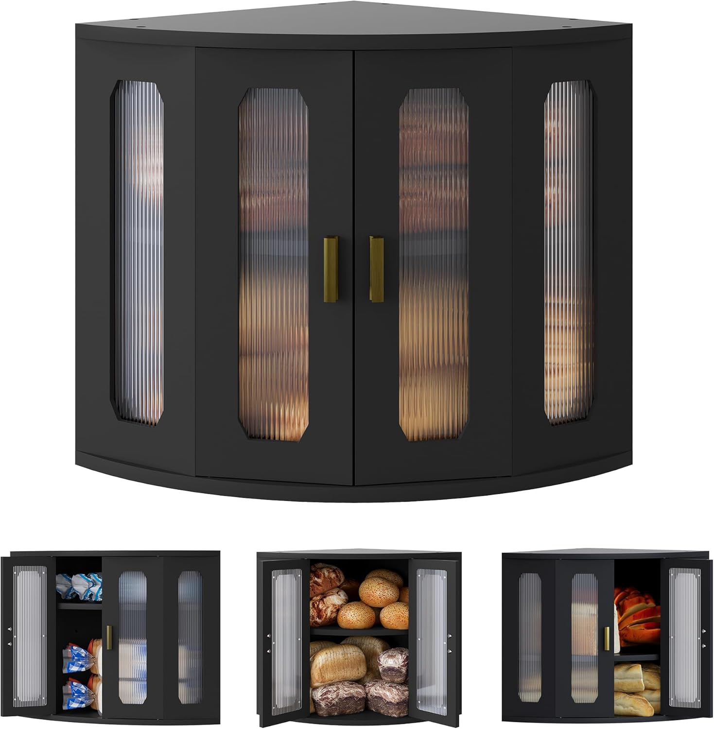 TQVAI Corner Bread Box for Kitchen Countertop, Keep Fresh Longer, Easy to Maintenance, Vintage Wooden Breadbox with Adjustable Shelves for Homemade Bread, Sandwich Loaves, Baked Goods (Black)