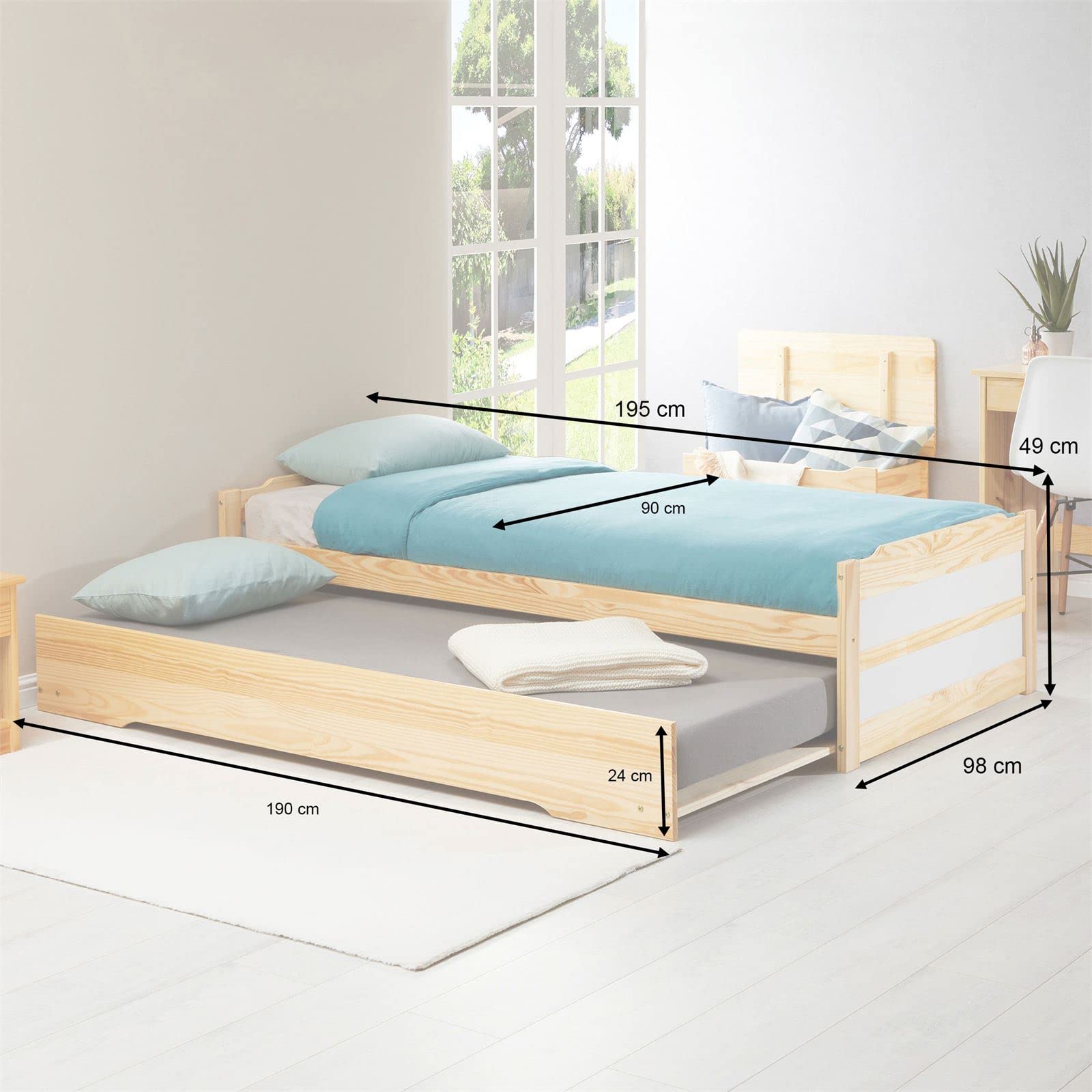 IDIMEX Lit gigogne Lorena 1 Personne tiroir lit Fonctionnel 90 x 190 cm pin Massif recouvert d'un Vernis Naturel et Blanc