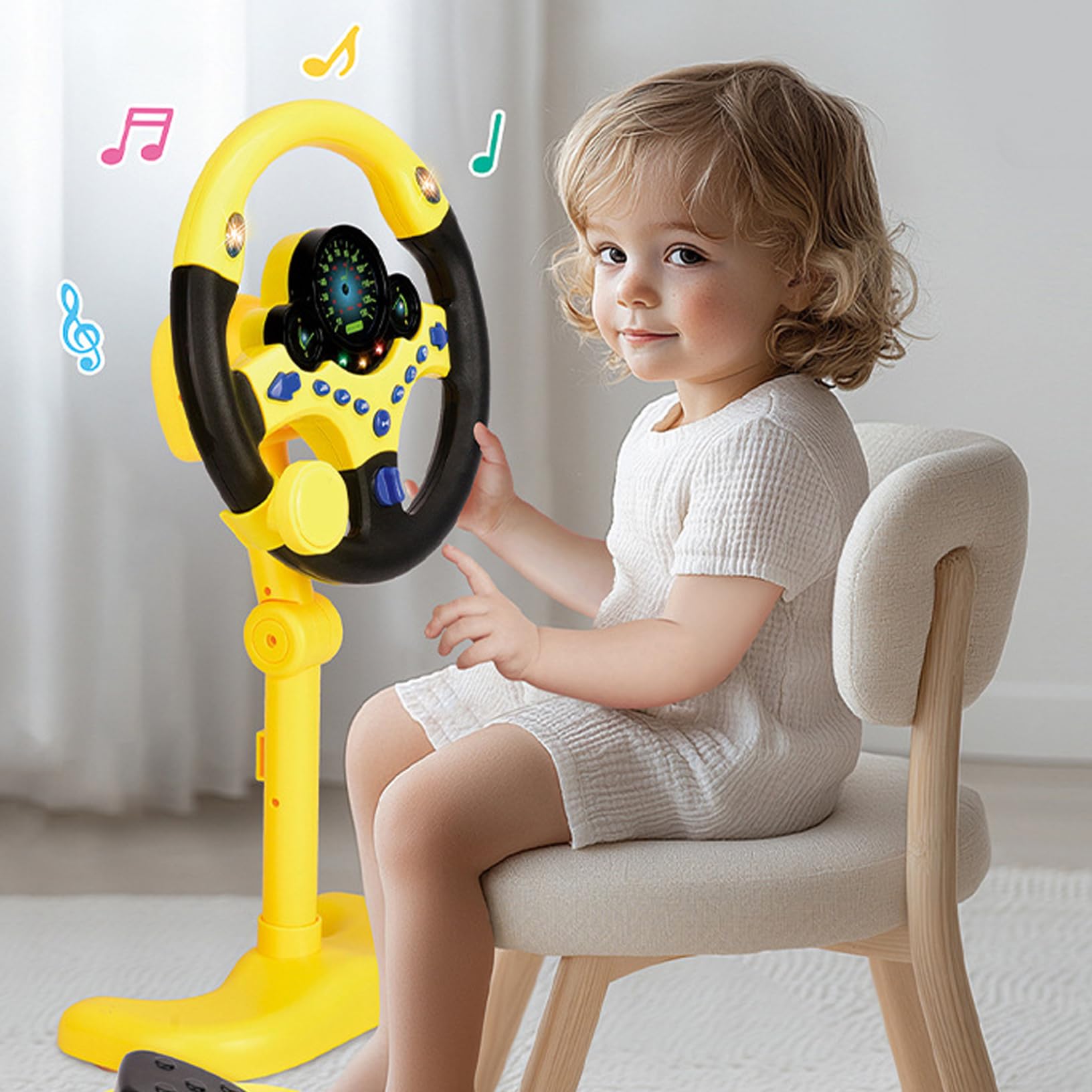 Volante Giocattolo, Volante di Simulazione con Pedale dell'Acceleratore e Cinghie, Rotazione a 360° ed Effetti Sonori Divertenti, Luci Splendide per Bambini dai 3 Anni in su, Giallo
